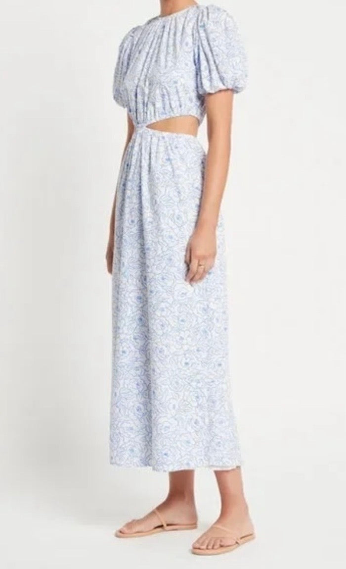 Faithful the Brand Martine Floral Print Alessandria Midi Cut Out Floral White with Blue Dress