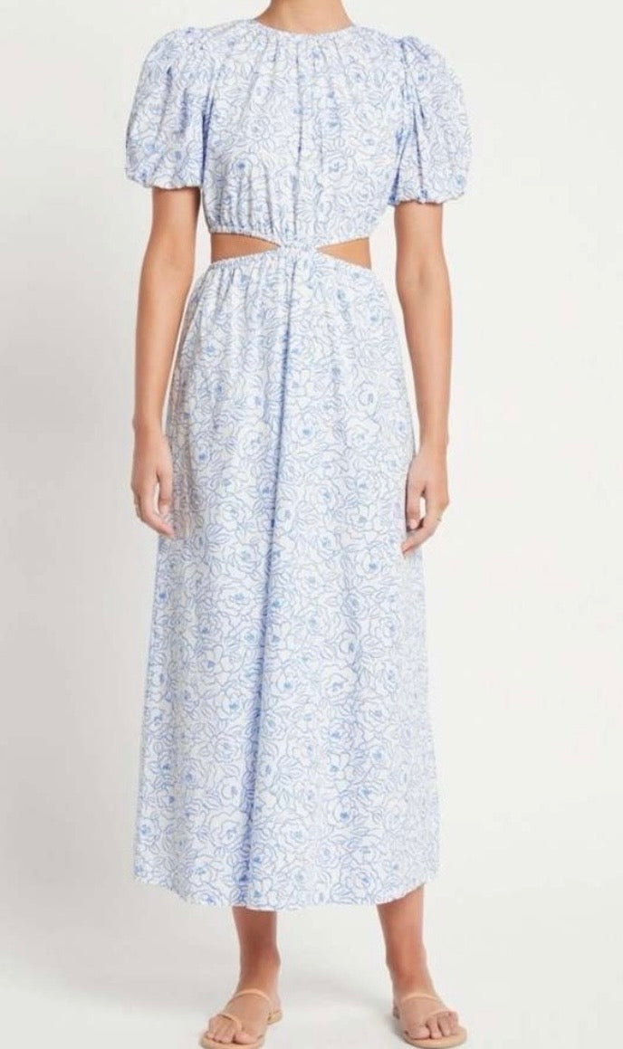 Faithful the Brand Martine Floral Print Alessandria Midi Cut Out Floral White with Blue Dress