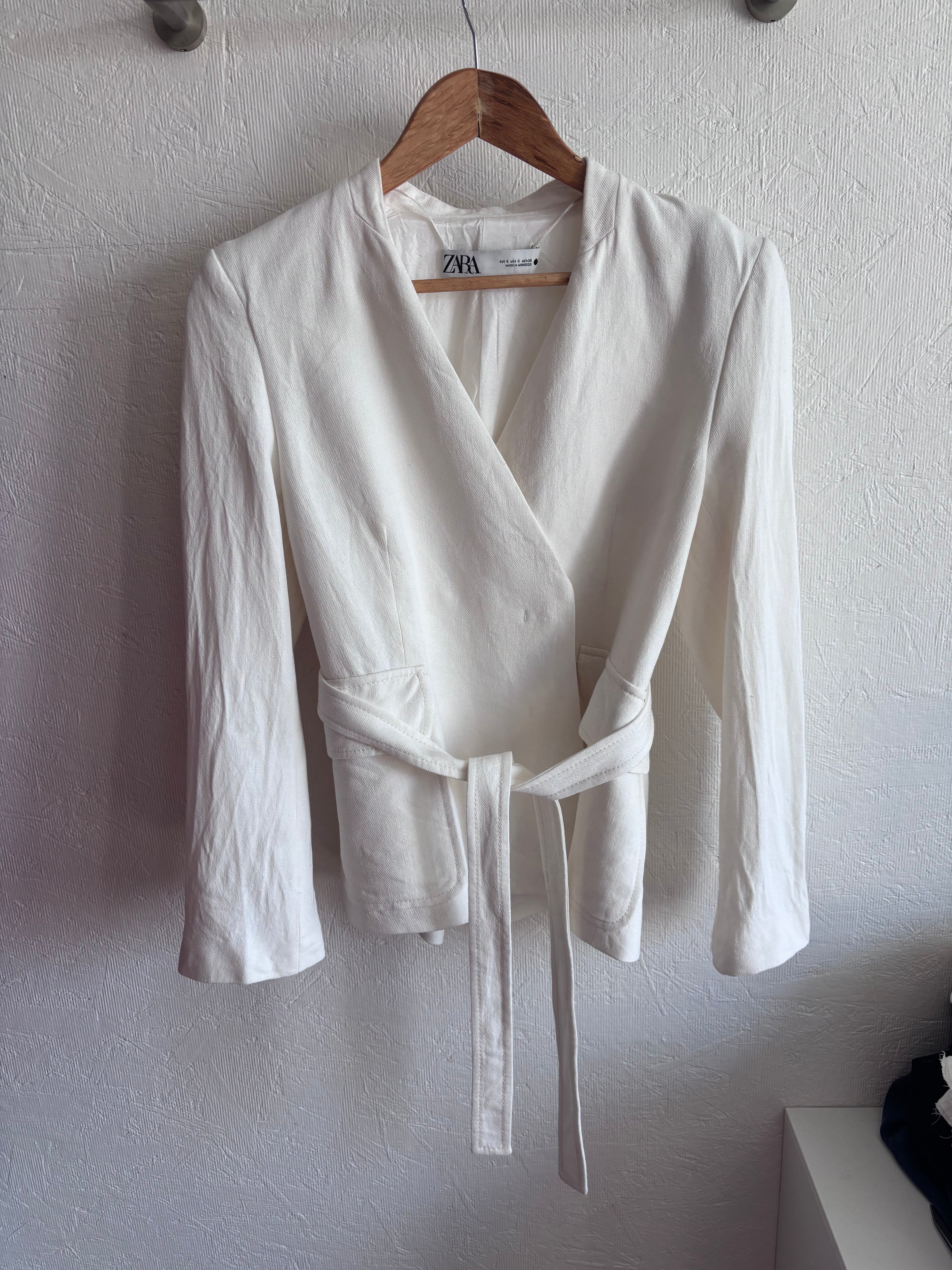 Zara White Oyster Linen Blend Minimalist Belted Jacket