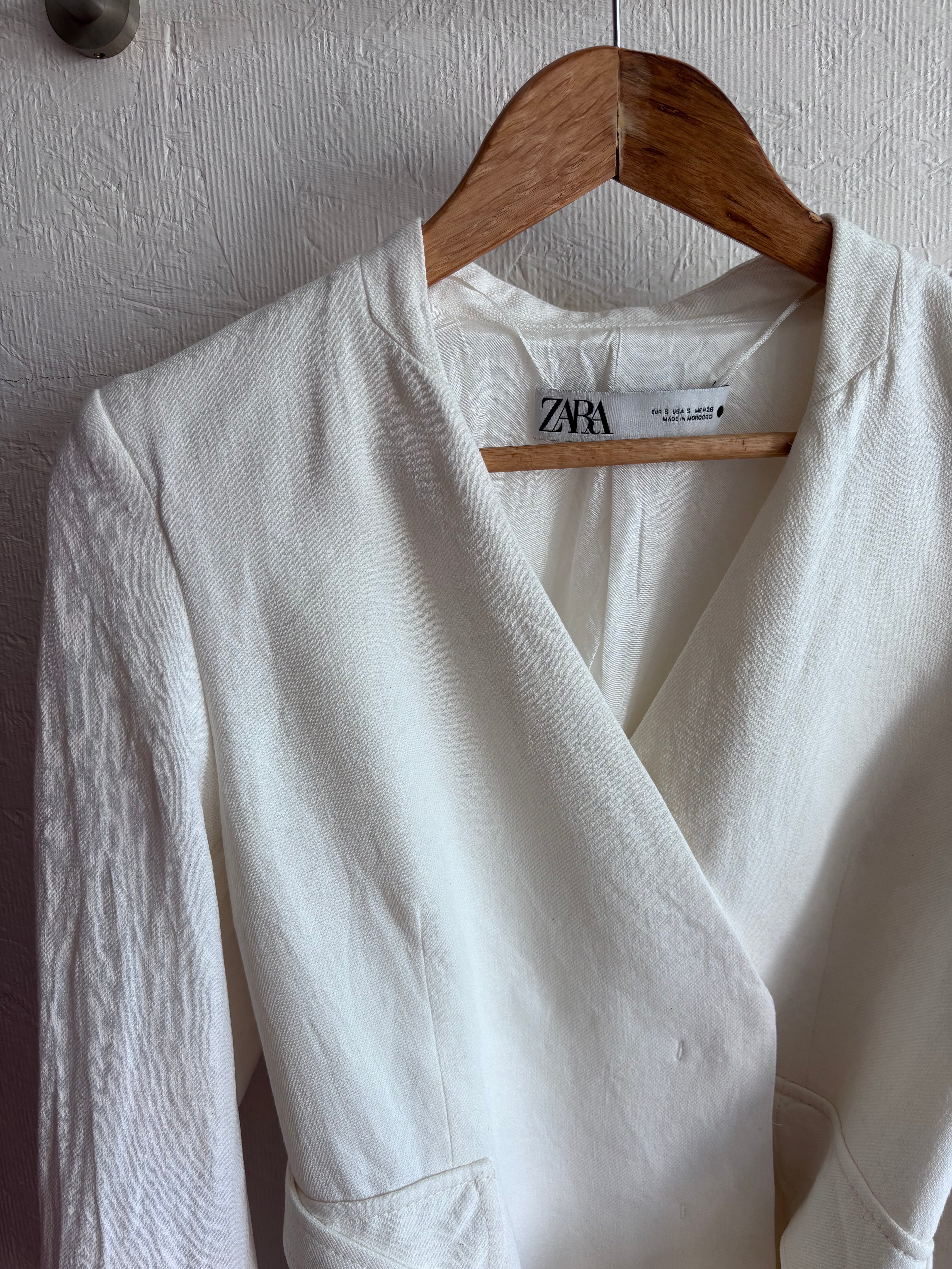 Zara White Oyster Linen Blend Minimalist Belted Jacket