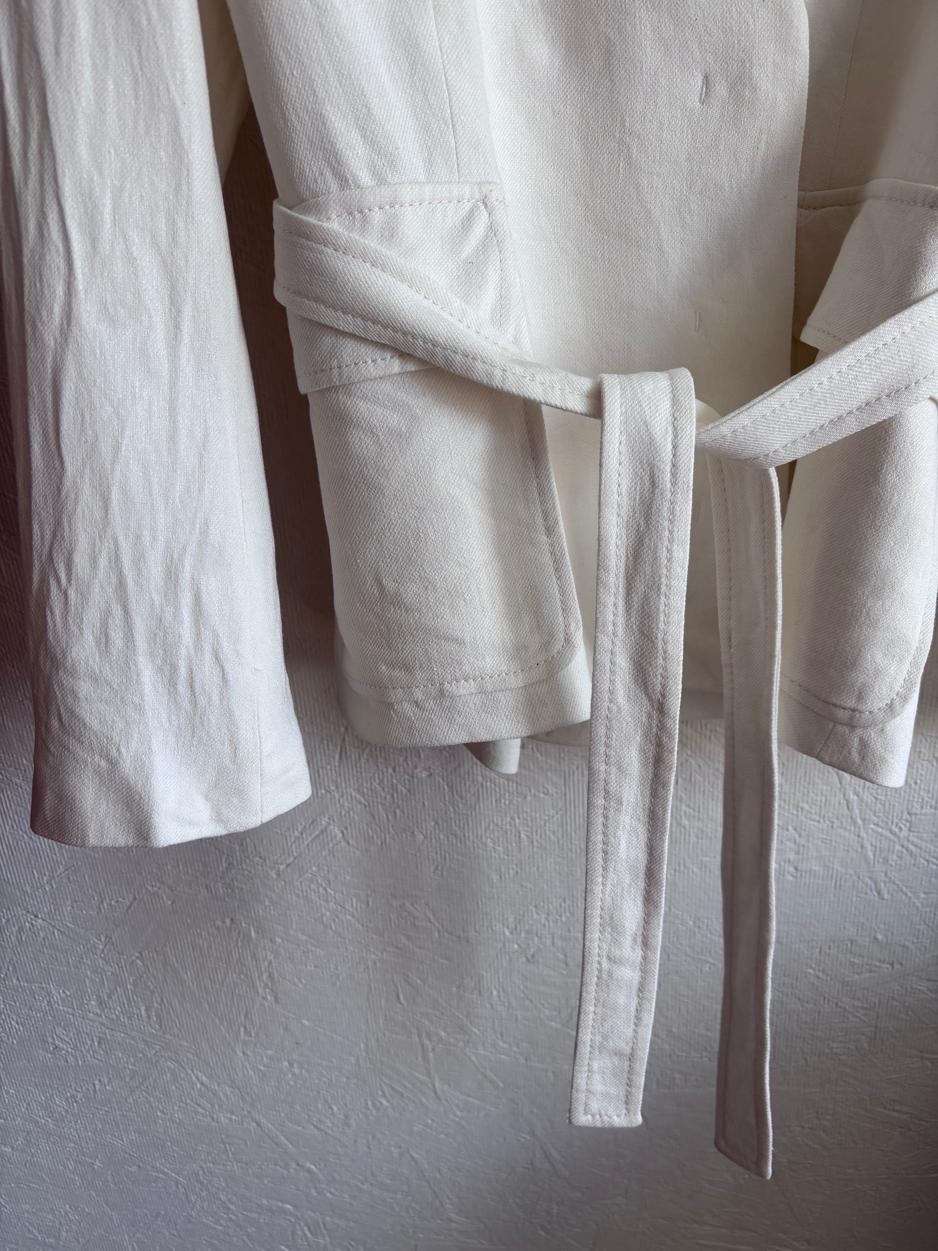 Zara White Oyster Linen Blend Minimalist Belted Jacket