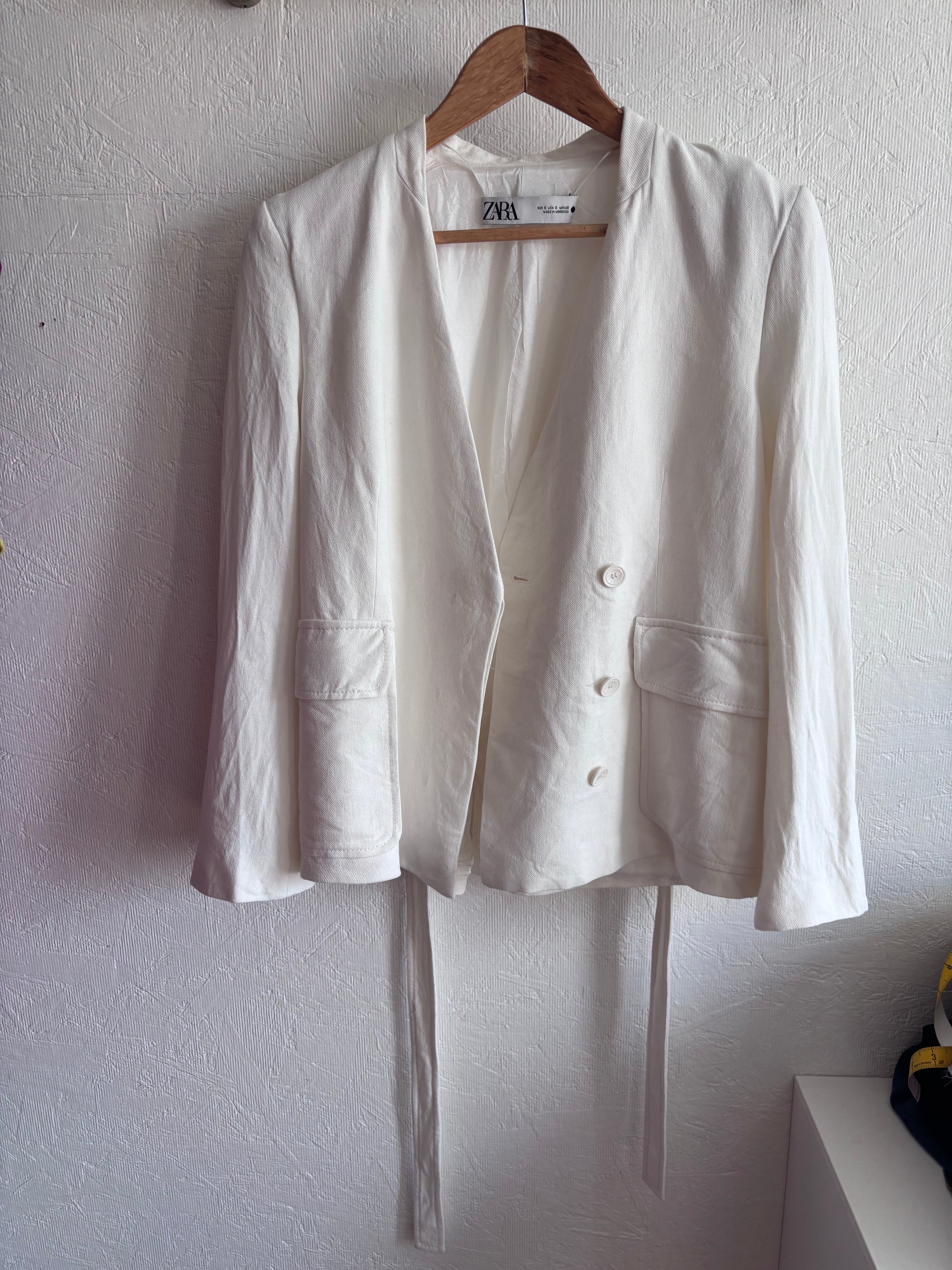 Zara White Oyster Linen Blend Minimalist Belted Jacket