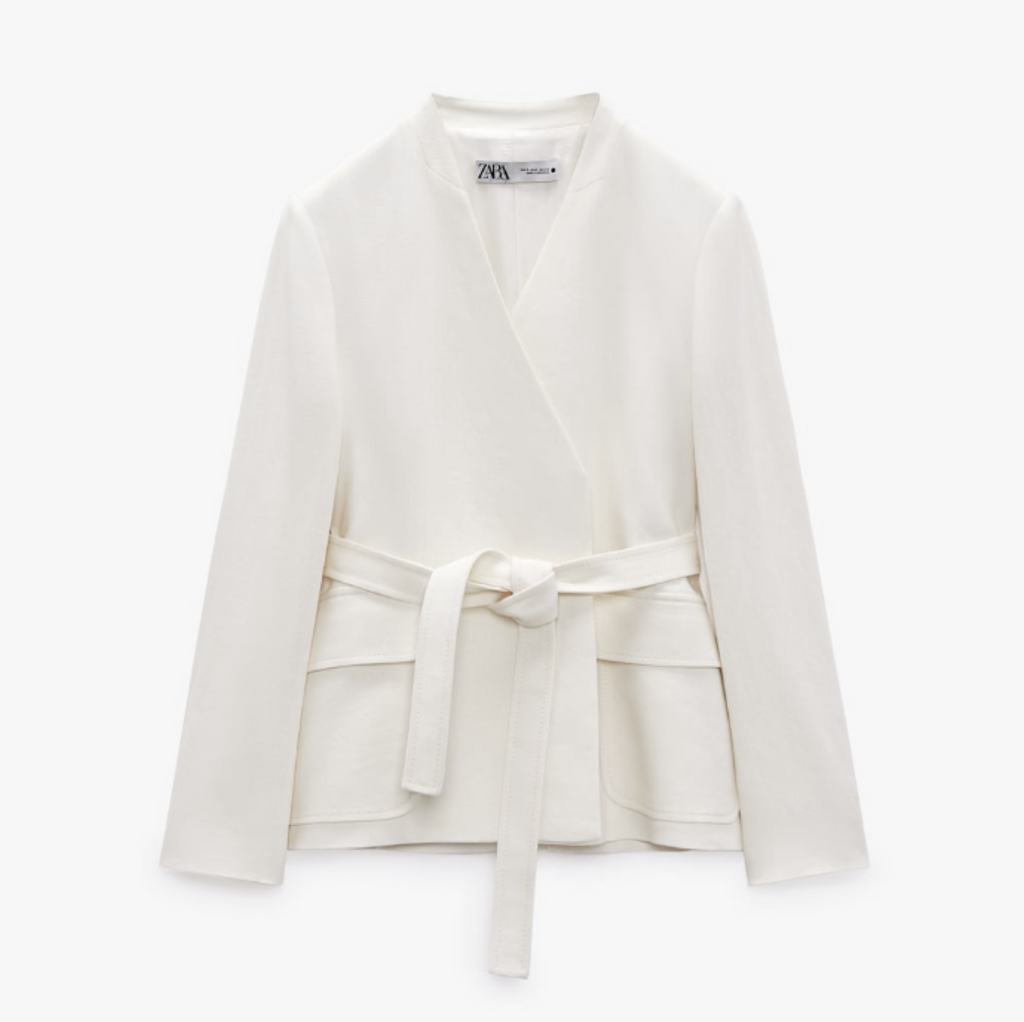 Zara White Oyster Linen Blend Minimalist Belted Jacket