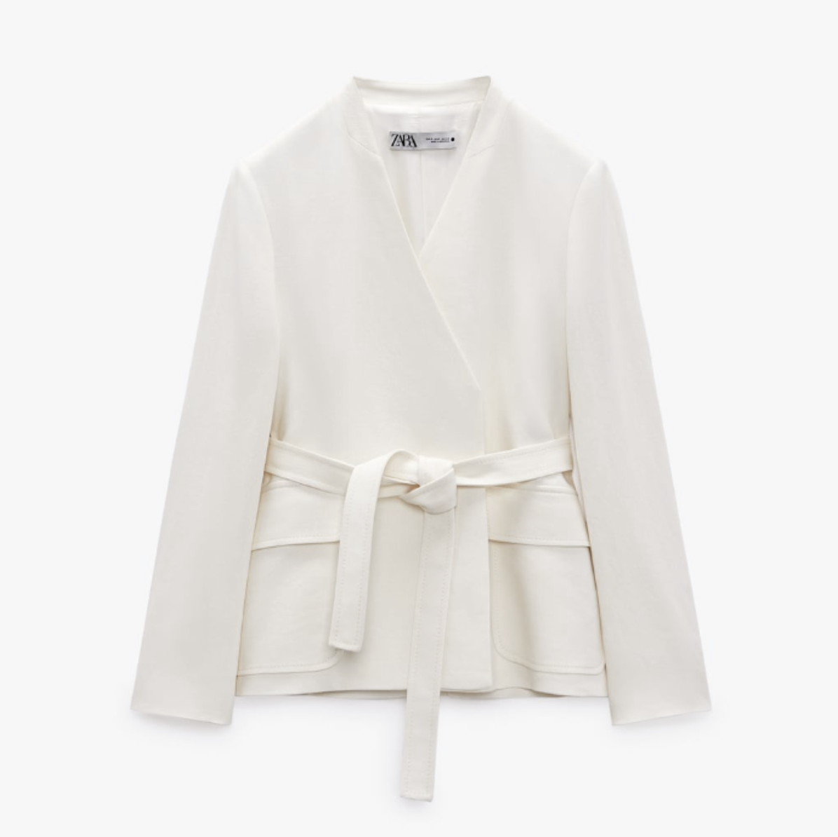 Zara White Oyster Linen Blend Minimalist Belted Jacket