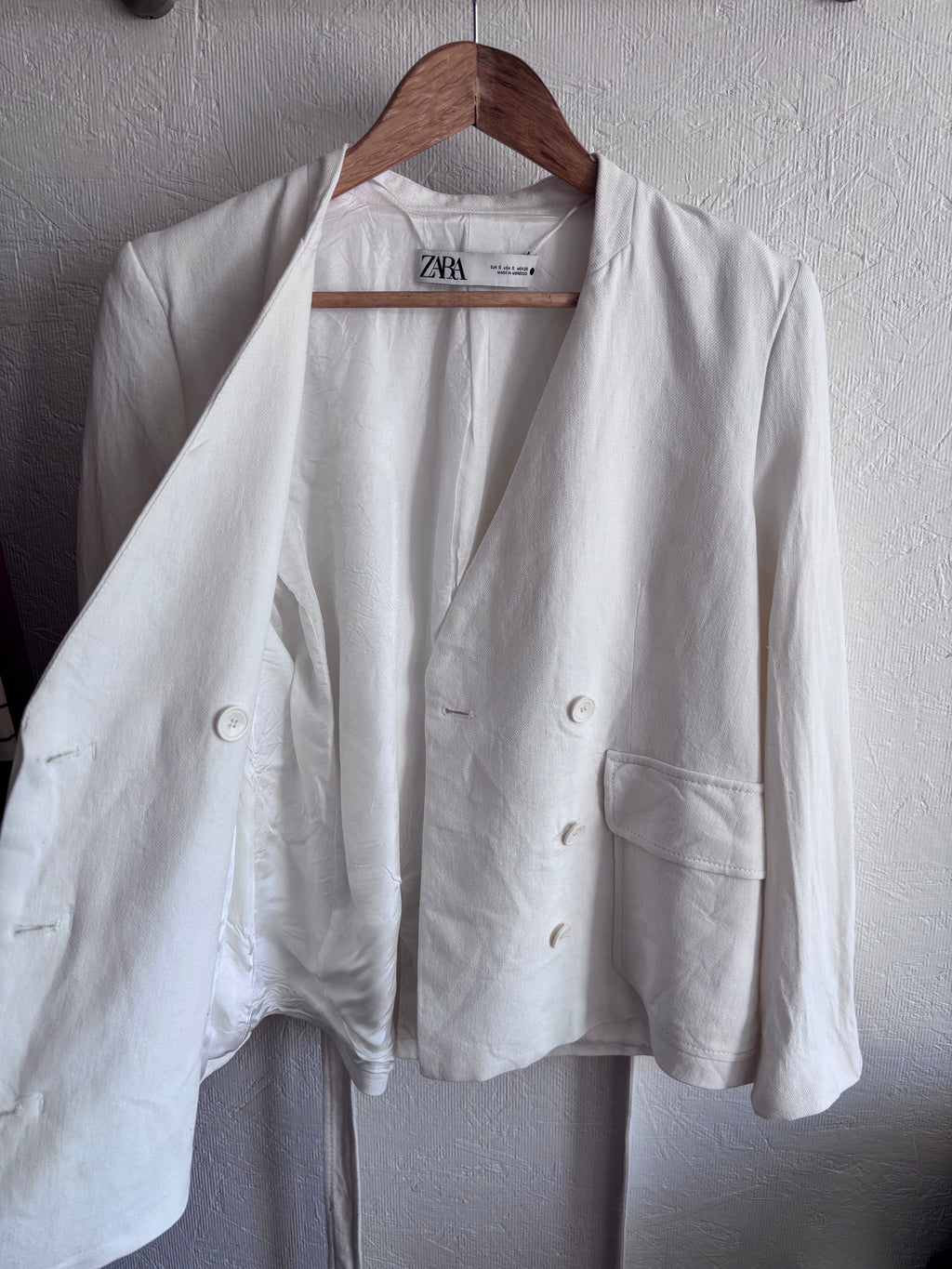 Zara White Oyster Linen Blend Minimalist Belted Jacket