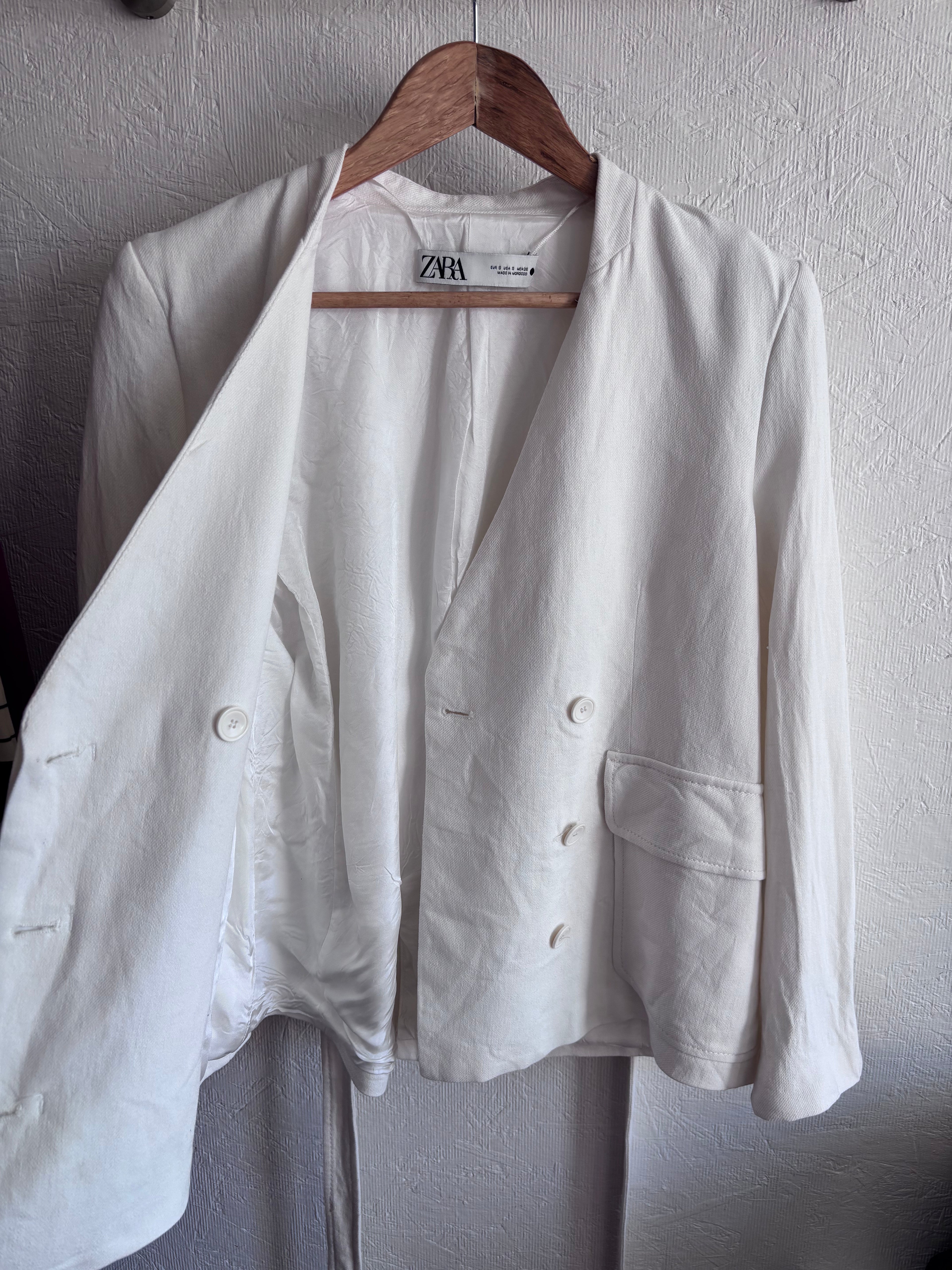 Zara White Oyster Linen Blend Minimalist Belted Jacket