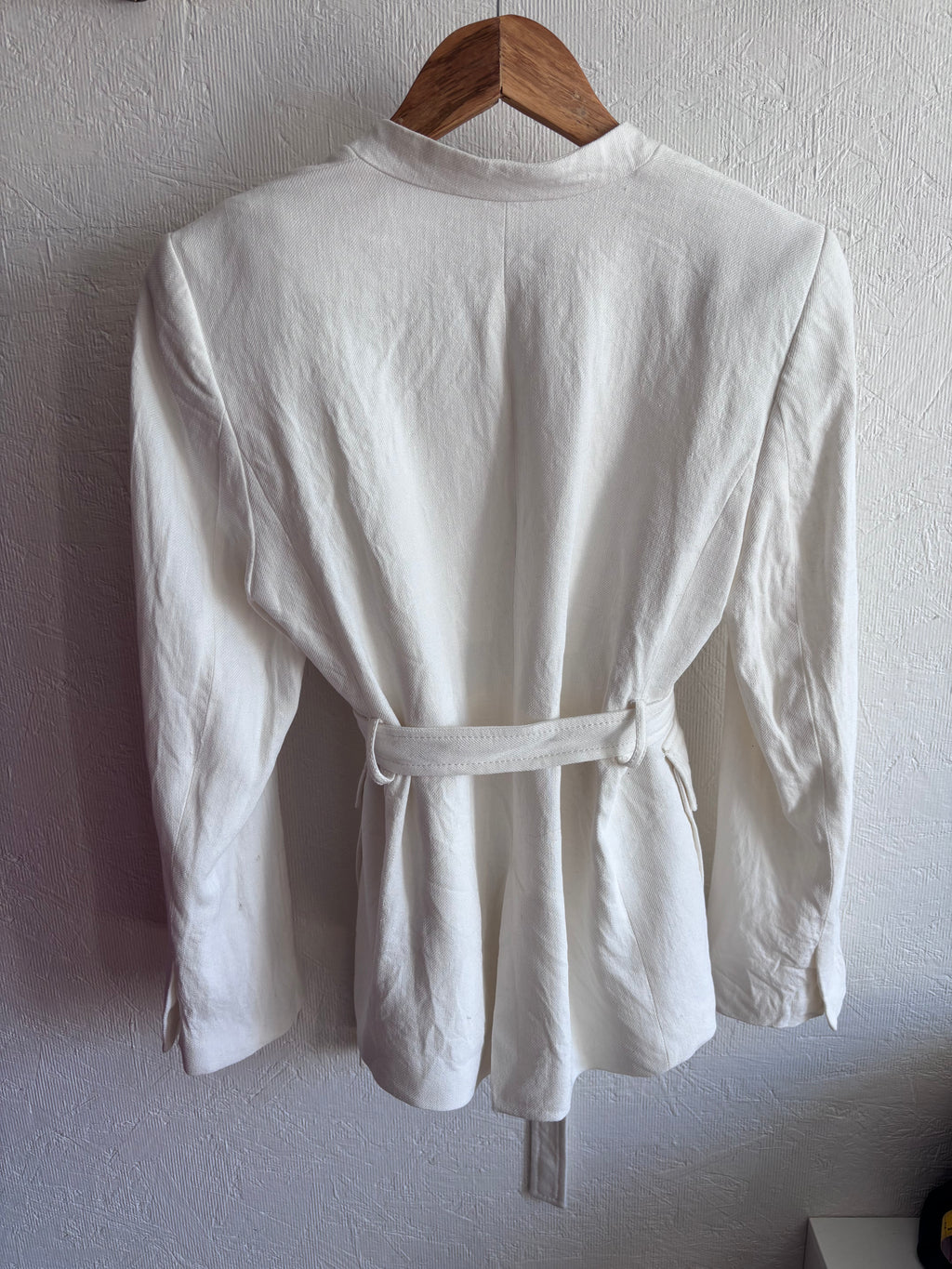 Zara White Oyster Linen Blend Minimalist Belted Jacket