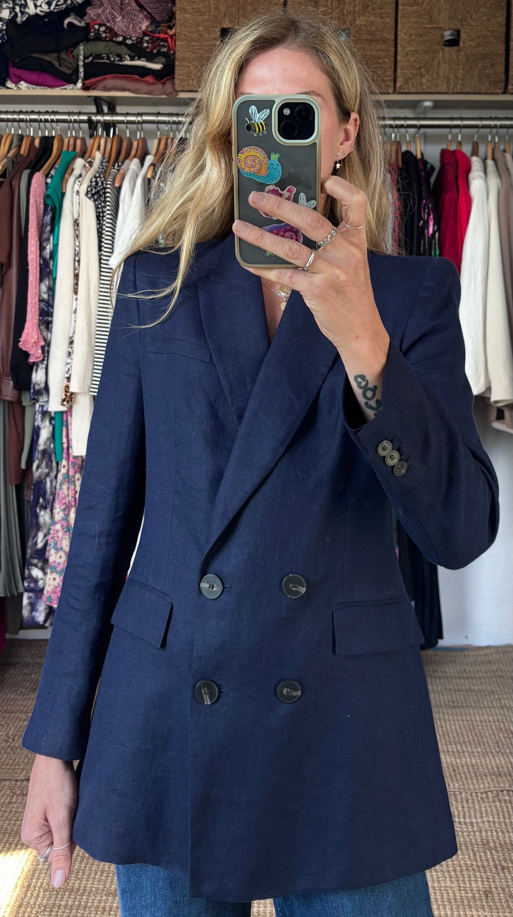 Zara Dark Navy Blue 100% Linen Long Double Breasted Lightweight Blazer Jacket
