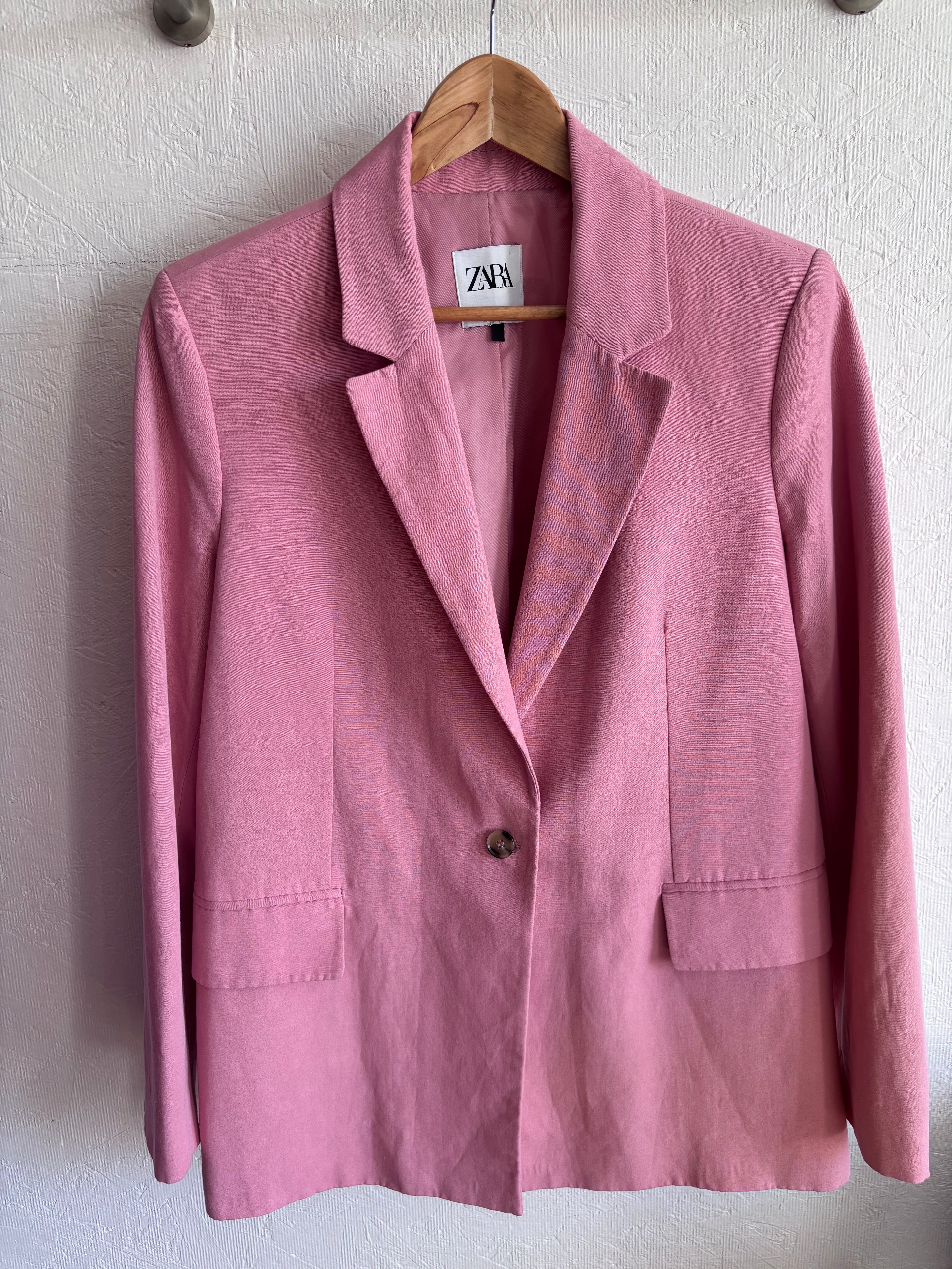 Zara Blush Rose Pink Oversized Linen Blend Single Button Tailored Blazer Jacket