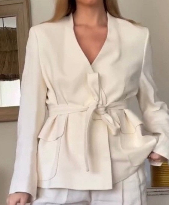 Zara White Oyster Linen Blend Minimalist Belted Jacket