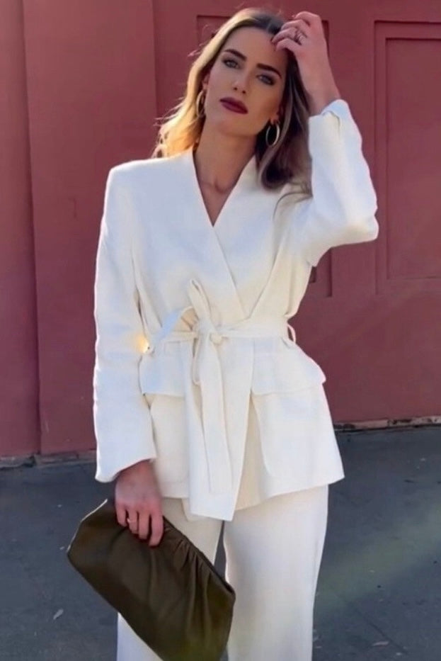 Zara White Oyster Linen Blend Minimalist Belted Jacket