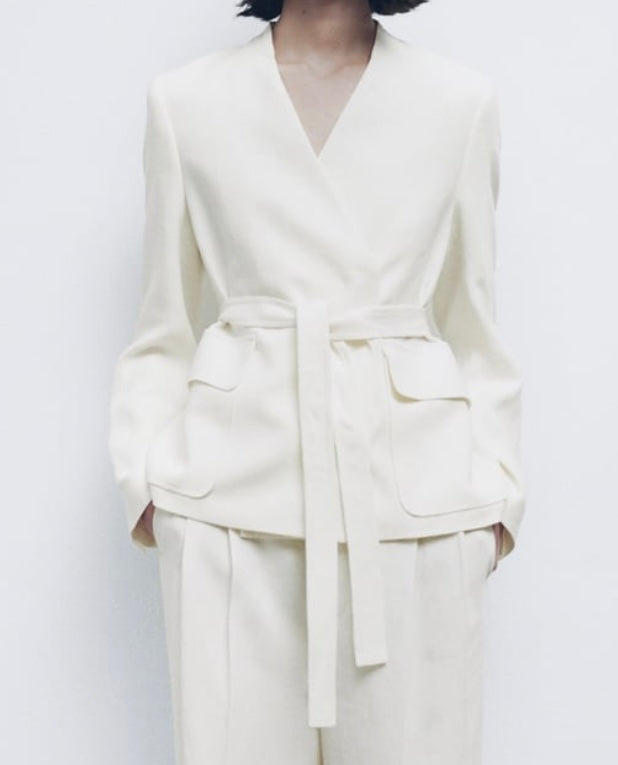 Zara White Oyster Linen Blend Minimalist Belted Jacket