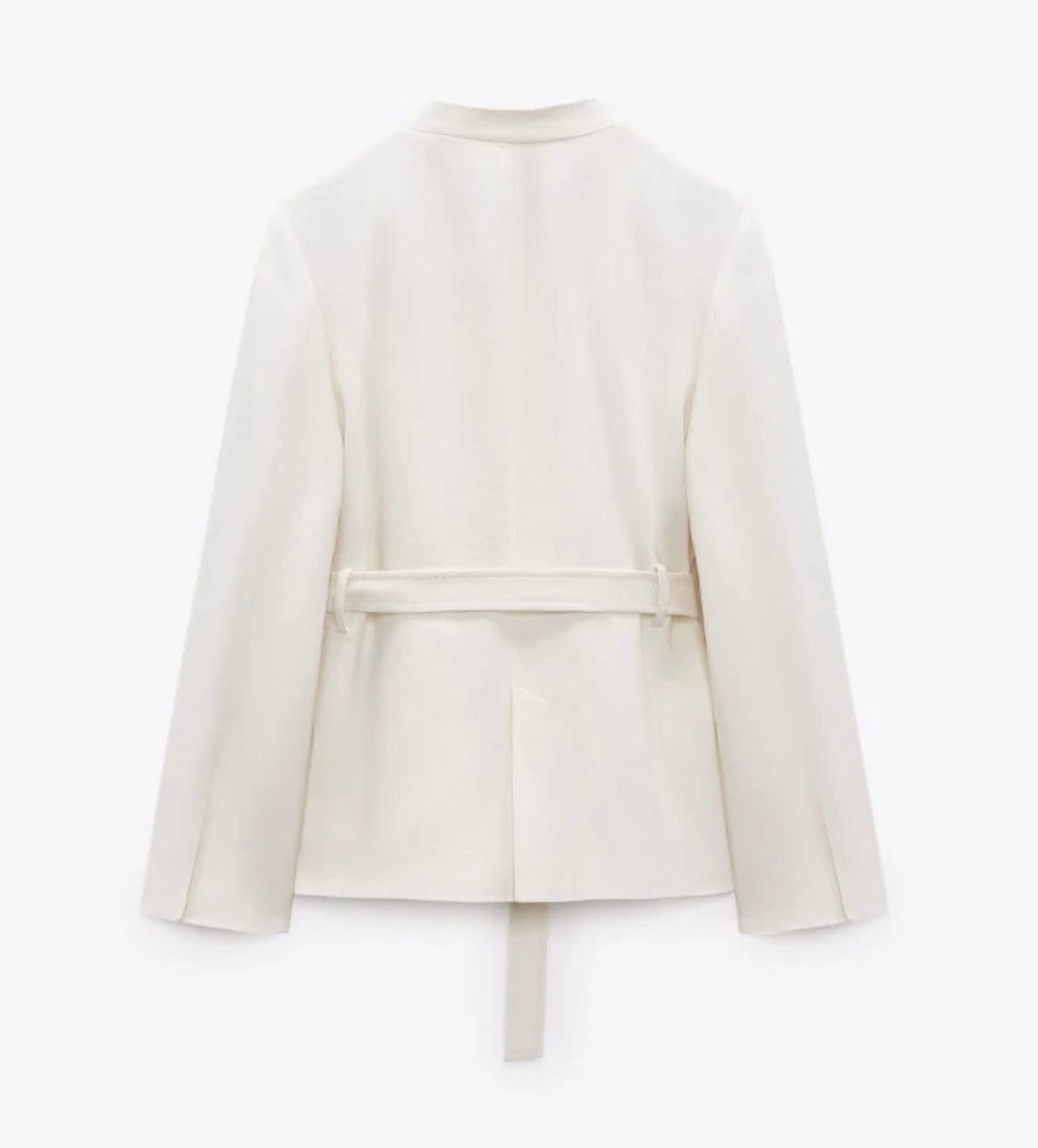 Zara White Oyster Linen Blend Minimalist Belted Jacket