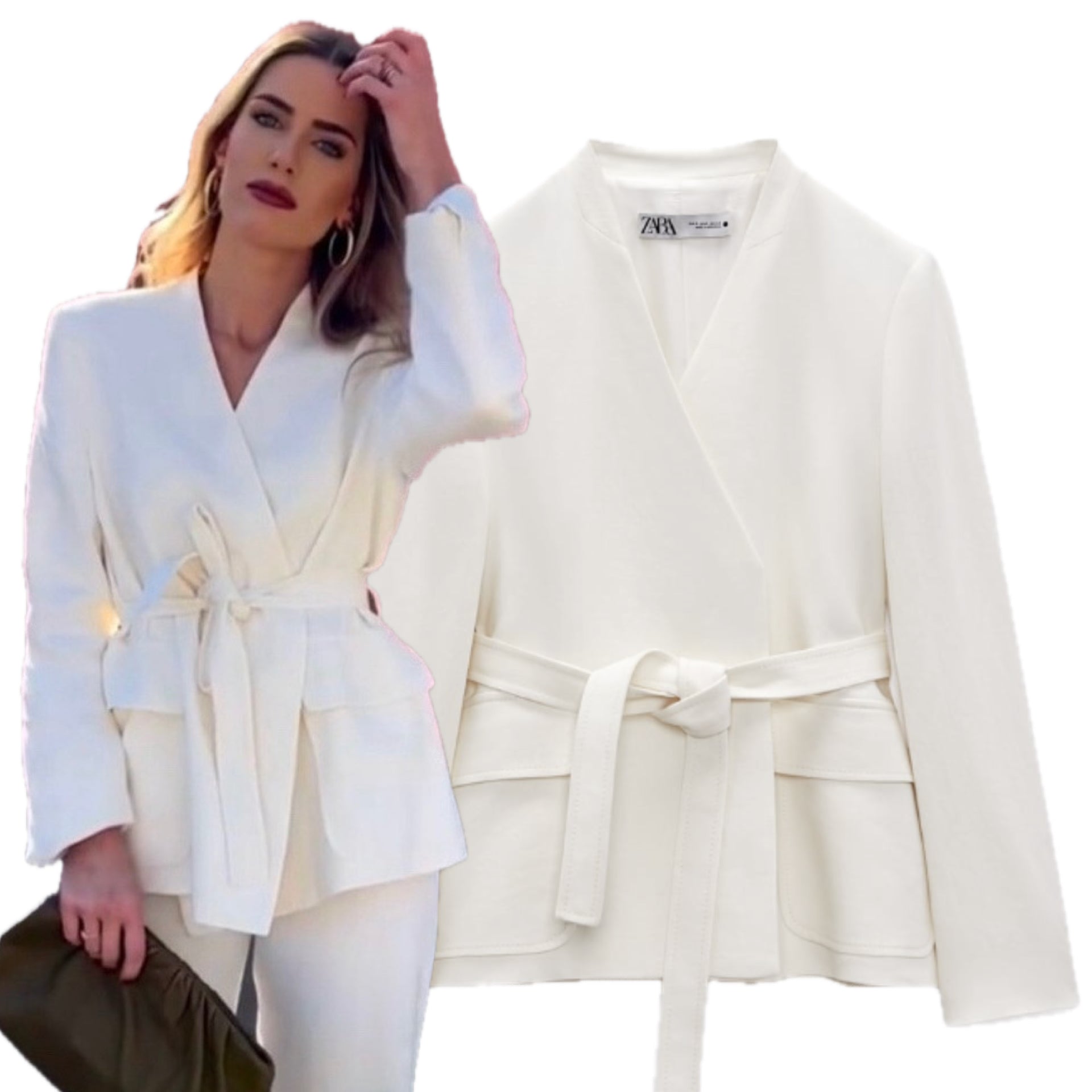 Zara White Oyster Linen Blend Minimalist Belted Jacket