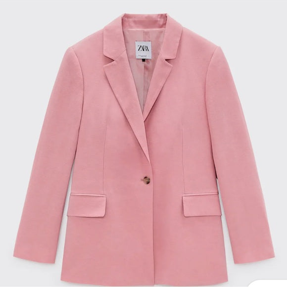 Zara Blush Rose Pink Oversized Linen Blend Single Button Tailored Blazer Jacket