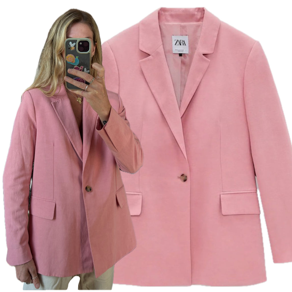 Zara Blush Rose Pink Oversized Linen Blend Single Button Tailored Blazer Jacket