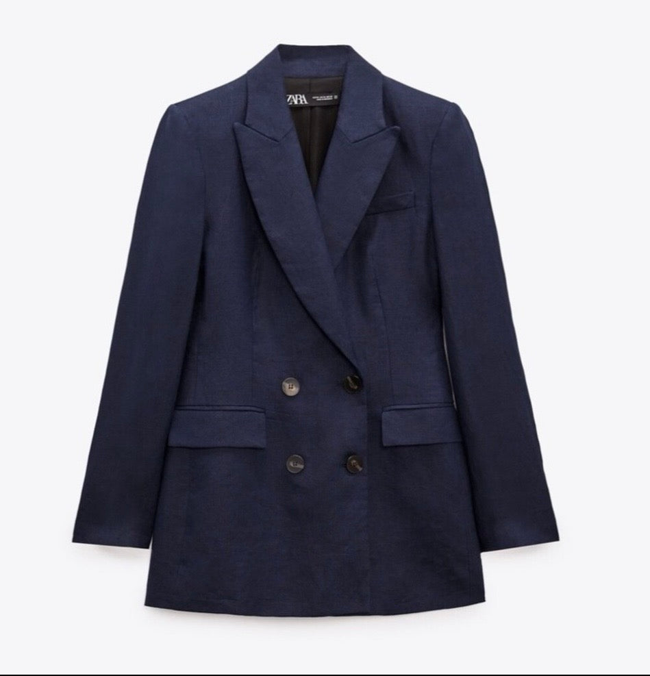 Zara Dark Navy Blue 100% Linen Long Double Breasted Lightweight Blazer Jacket