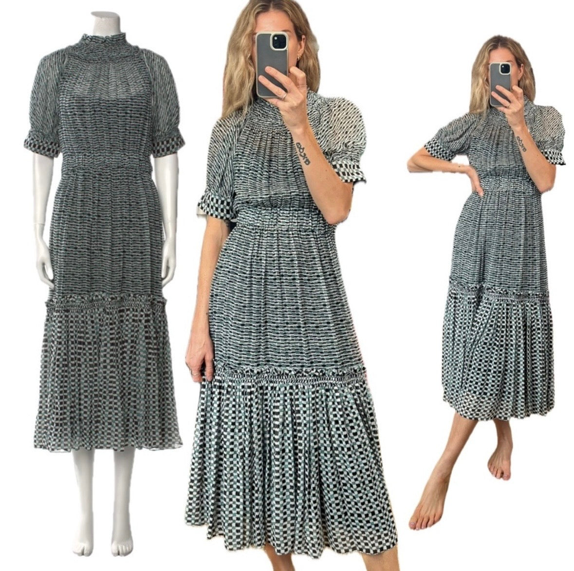 Proenza Schouler Silk Long Ruffle Raw Edge Hem Mock Neck A Line Maxi Dress