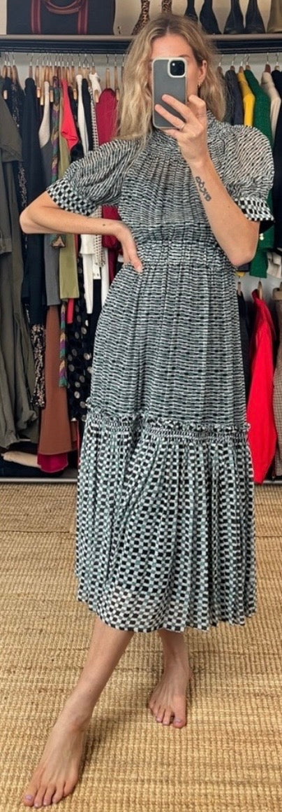Proenza Schouler Silk Long Ruffle Raw Edge Hem Mock Neck A Line Maxi Dress