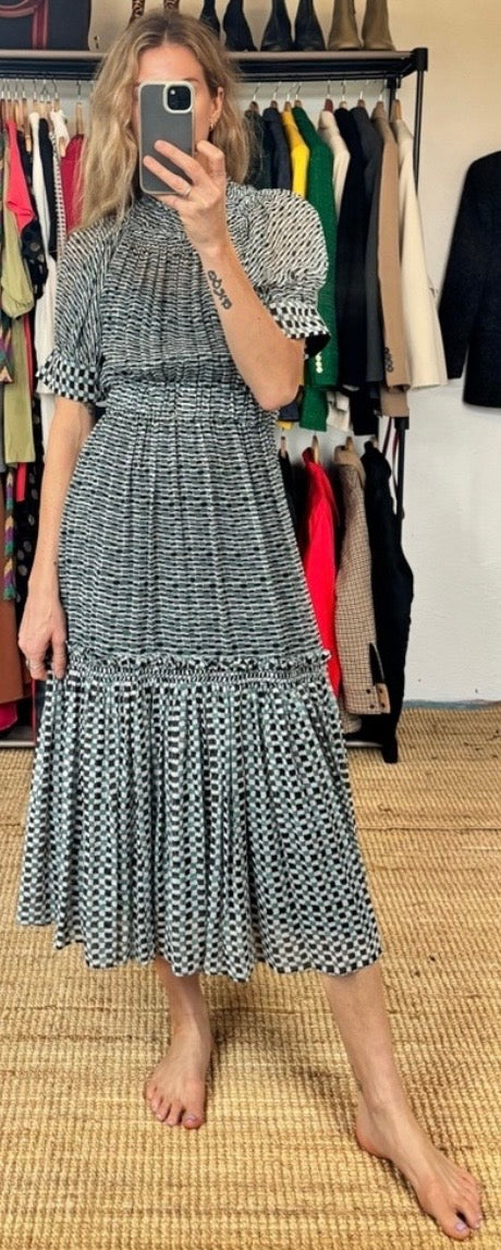 Proenza Schouler Silk Long Ruffle Raw Edge Hem Mock Neck A Line Maxi Dress