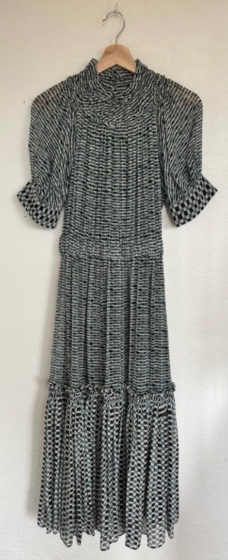 Proenza Schouler Silk Long Ruffle Raw Edge Hem Mock Neck A Line Maxi Dress