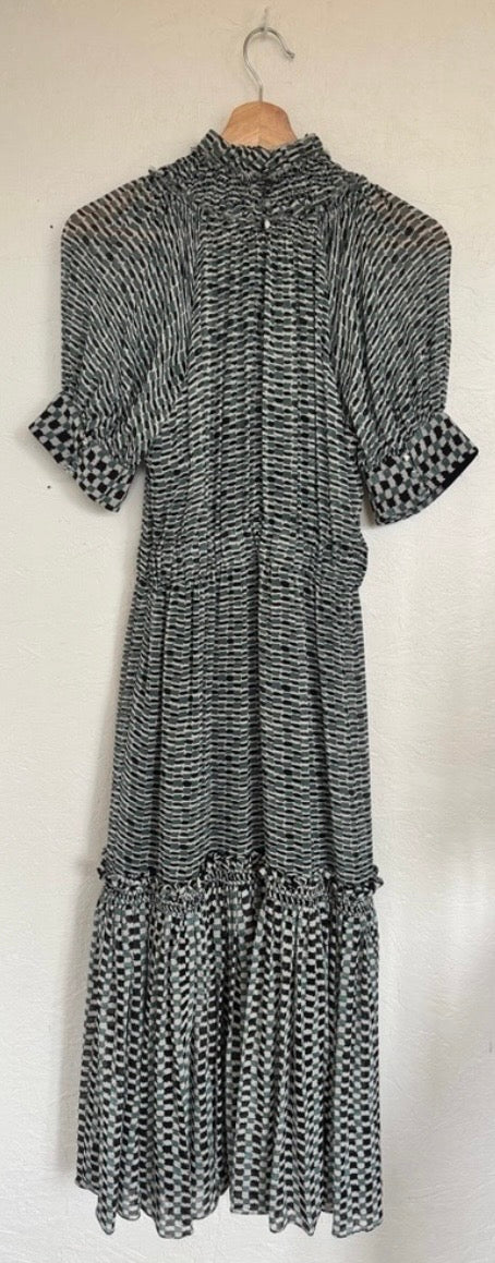 Proenza Schouler Silk Long Ruffle Raw Edge Hem Mock Neck A Line Maxi Dress
