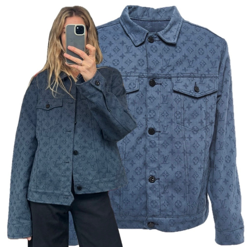 Authentic 2019 Louis Vuitton Blue Monogram Denim Button Front Trucker Jacket