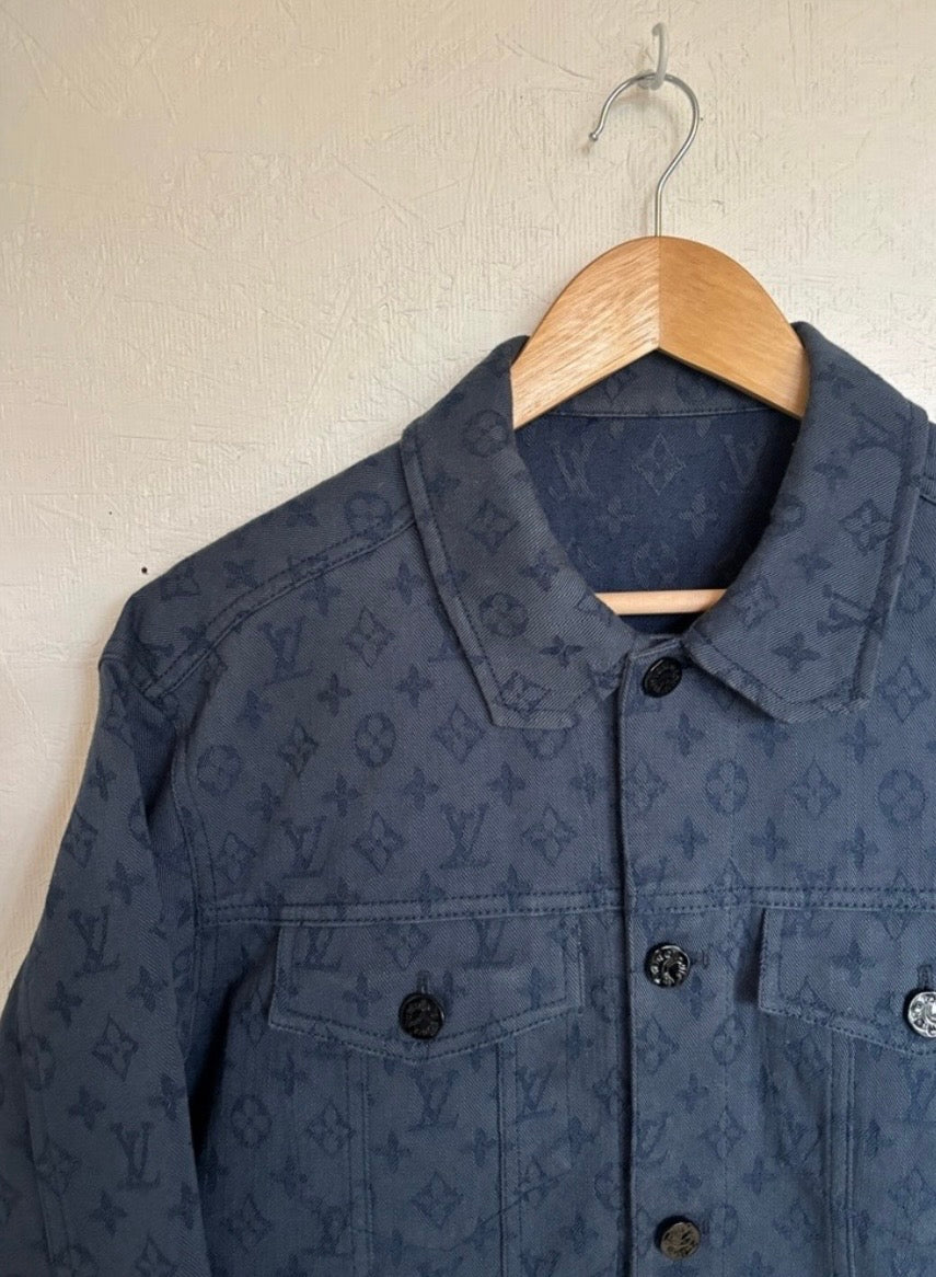 Authentic 2019 Louis Vuitton Blue Monogram Denim Button Front Trucker Jacket