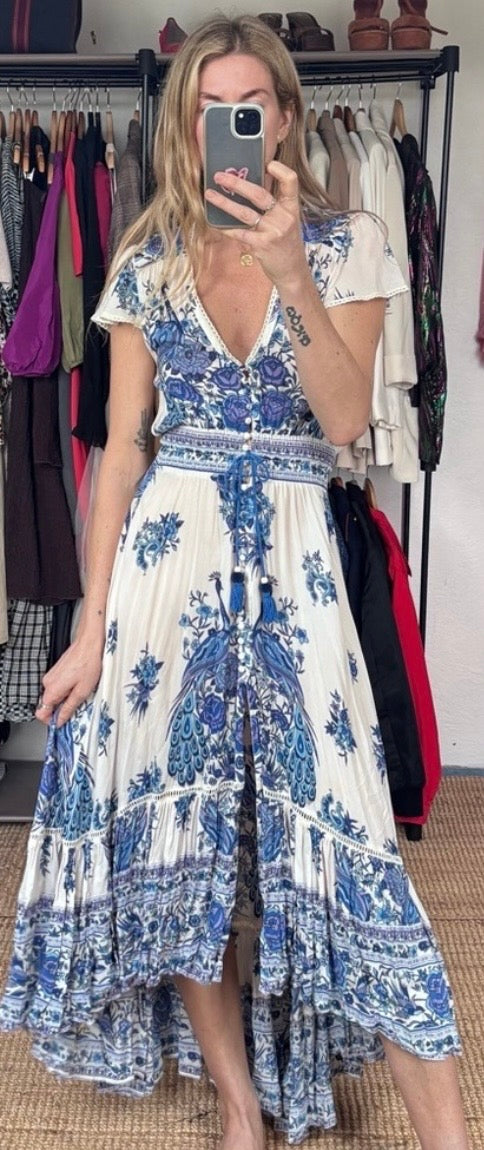 Vintage Spell and the Gypsy Collective Designs Boho Ruffle Peacock Hotel Paradiso Bluebird Maxi Gown