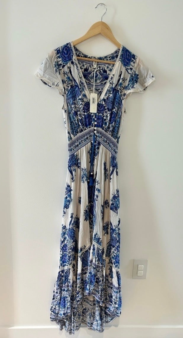 Vintage Spell and the Gypsy Collective Designs Boho Ruffle Peacock Hotel Paradiso Bluebird Maxi Gown