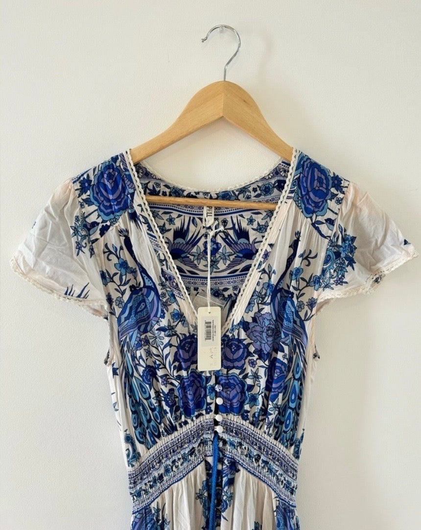 Vintage Spell and the Gypsy Collective Designs Boho Ruffle Peacock Hotel Paradiso Bluebird Maxi Gown