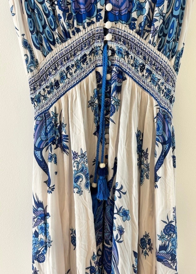 Vintage Spell and the Gypsy Collective Designs Boho Ruffle Peacock Hotel Paradiso Bluebird Maxi Gown