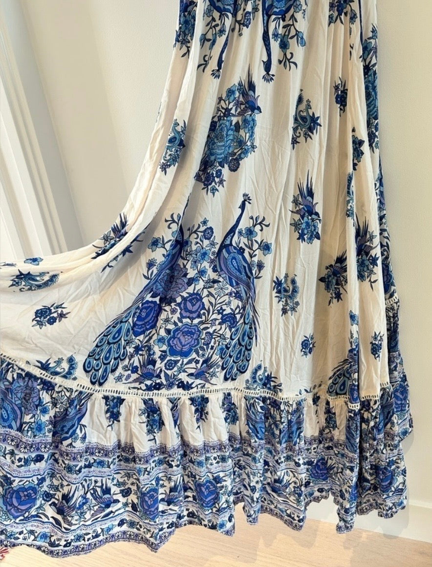 Vintage Spell and the Gypsy Collective Designs Boho Ruffle Peacock Hotel Paradiso Bluebird Maxi Gown