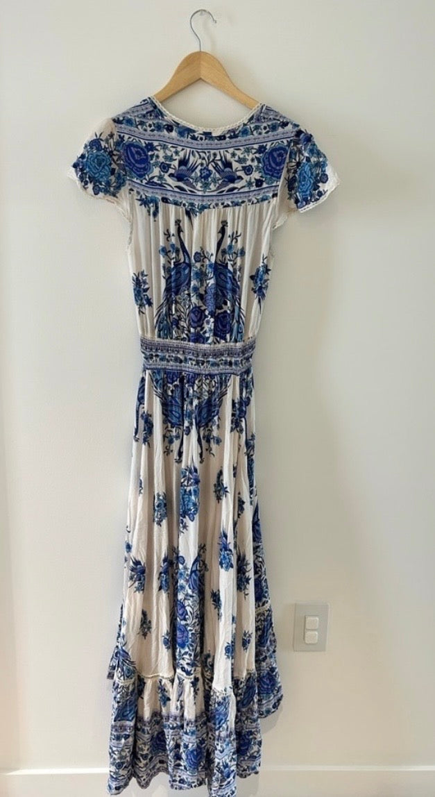 Vintage Spell and the Gypsy Collective Designs Boho Ruffle Peacock Hotel Paradiso Bluebird Maxi Gown