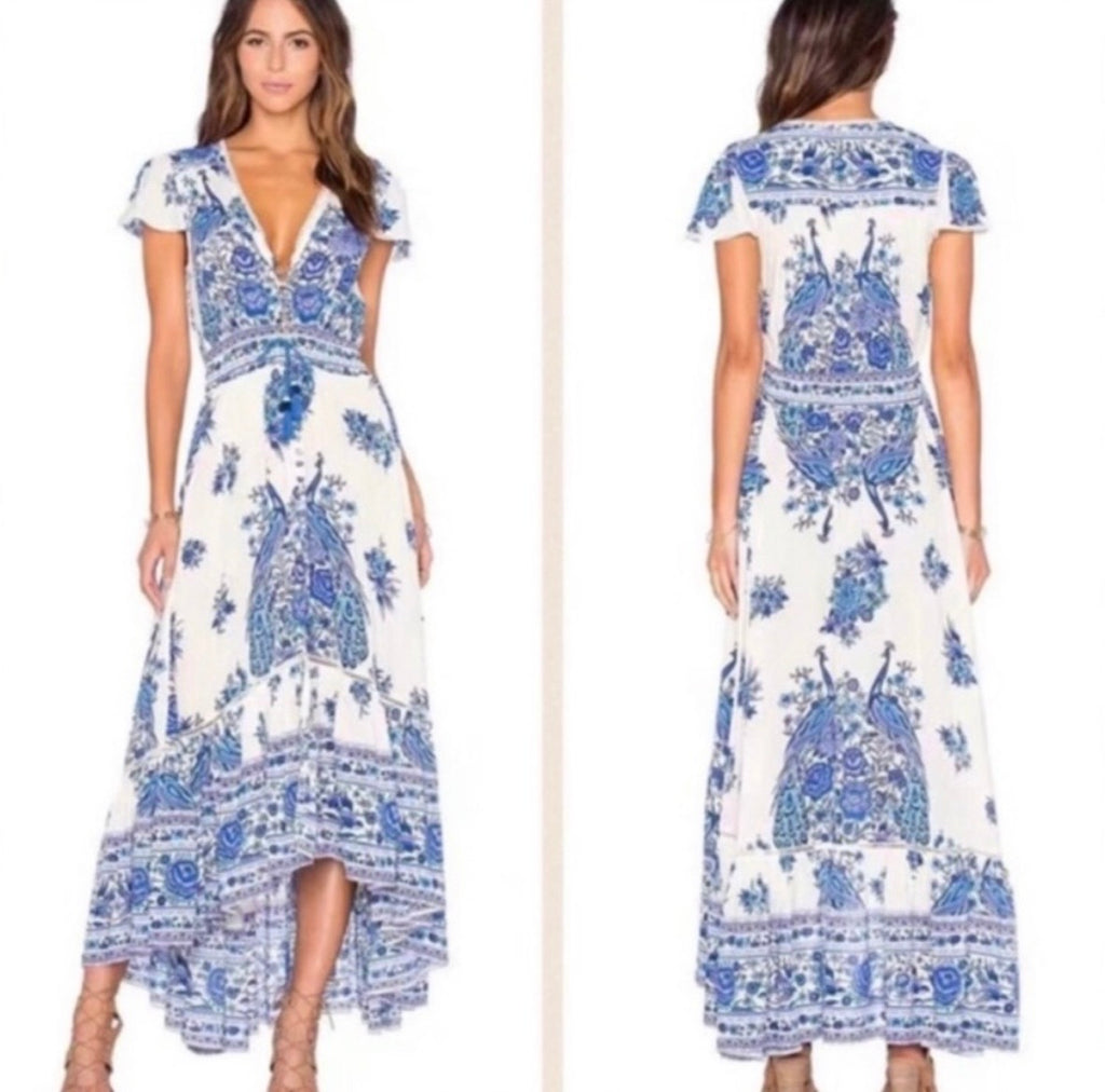 Vintage Spell and the Gypsy Collective Designs Boho Ruffle Peacock Hotel Paradiso Bluebird Maxi Gown