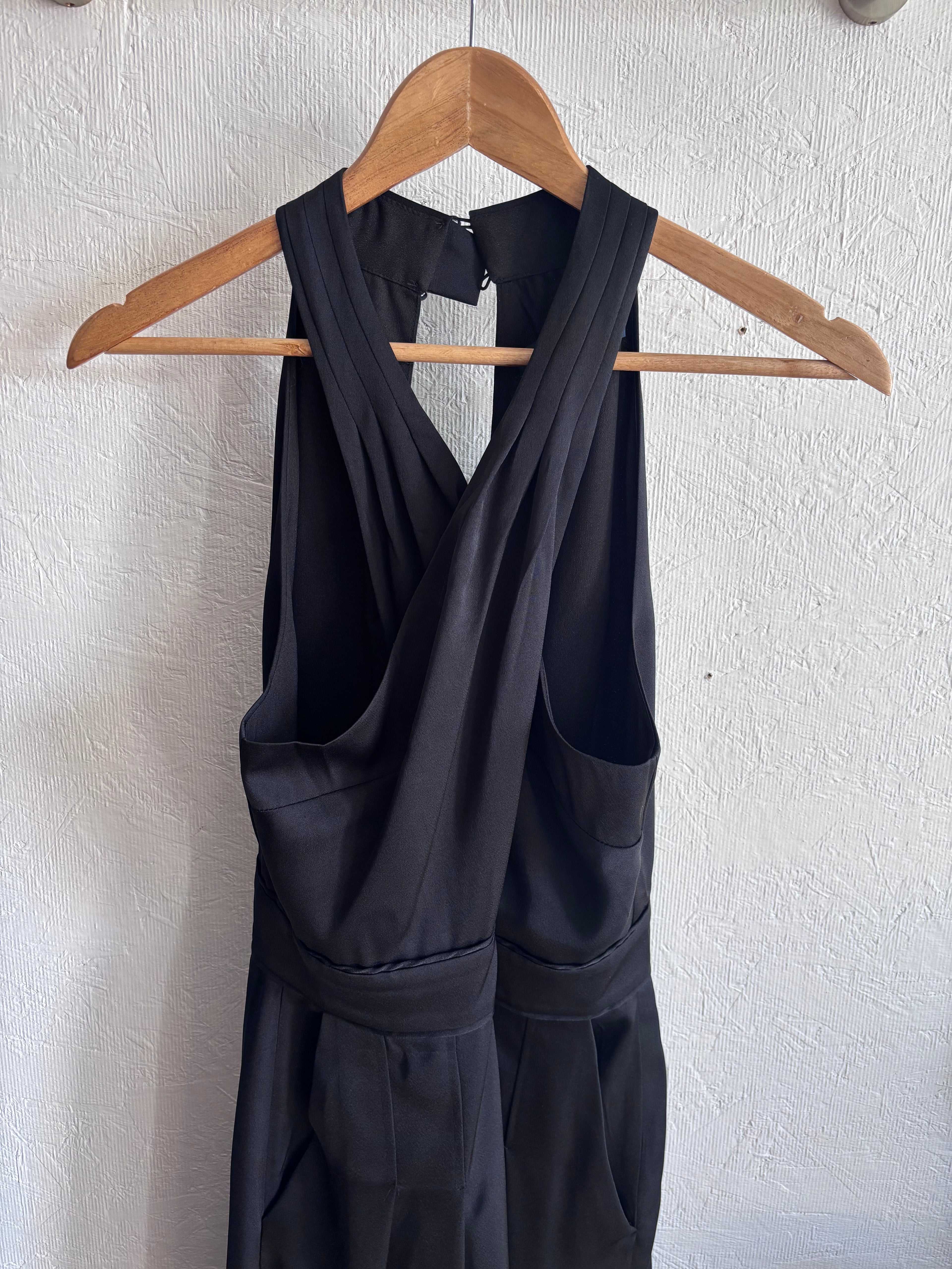 French Connection Harlow Halter Satin Cross Neck Wide Leg Palazzo Jumpsuit
