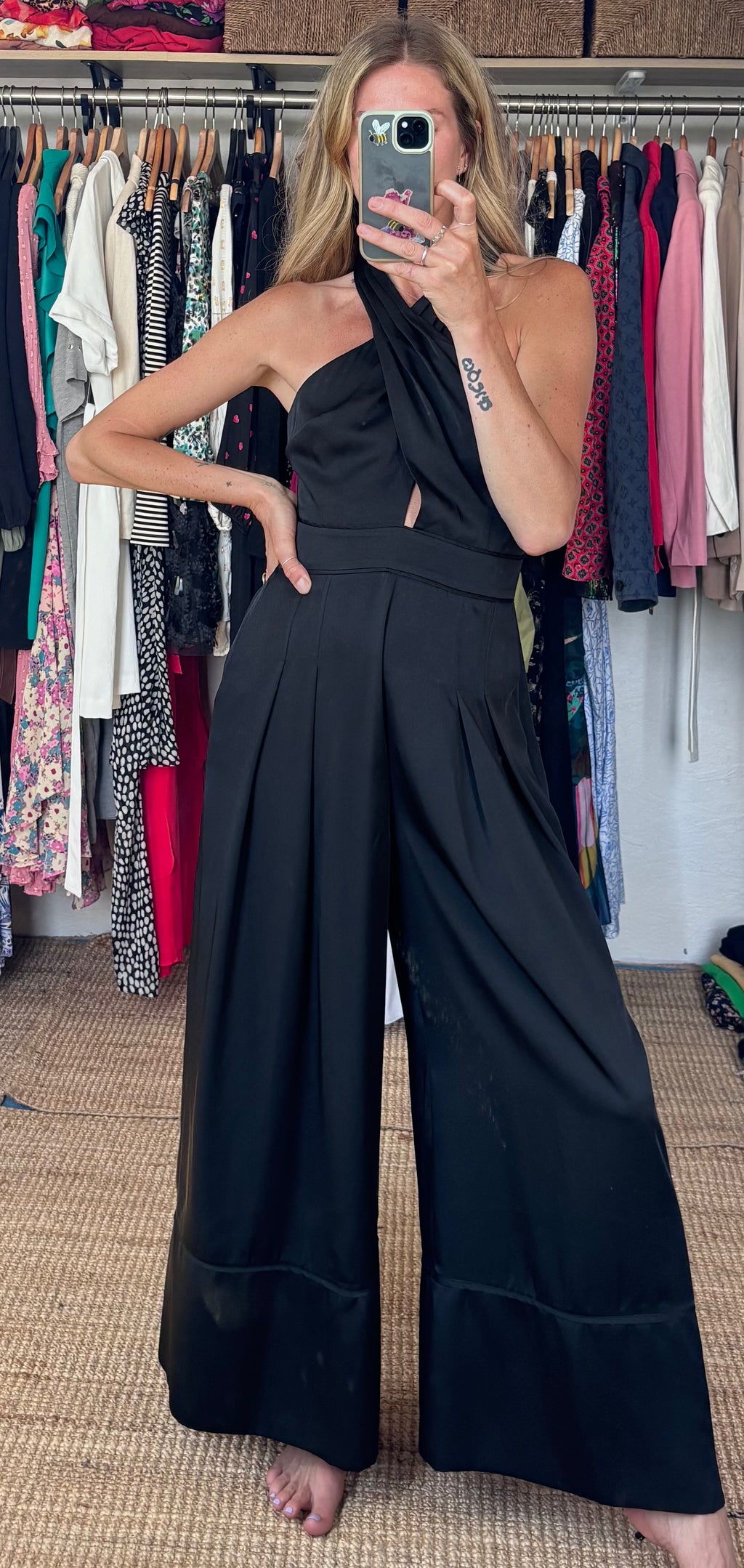 French Connection Harlow Halter Satin Cross Neck Wide Leg Palazzo Jumpsuit