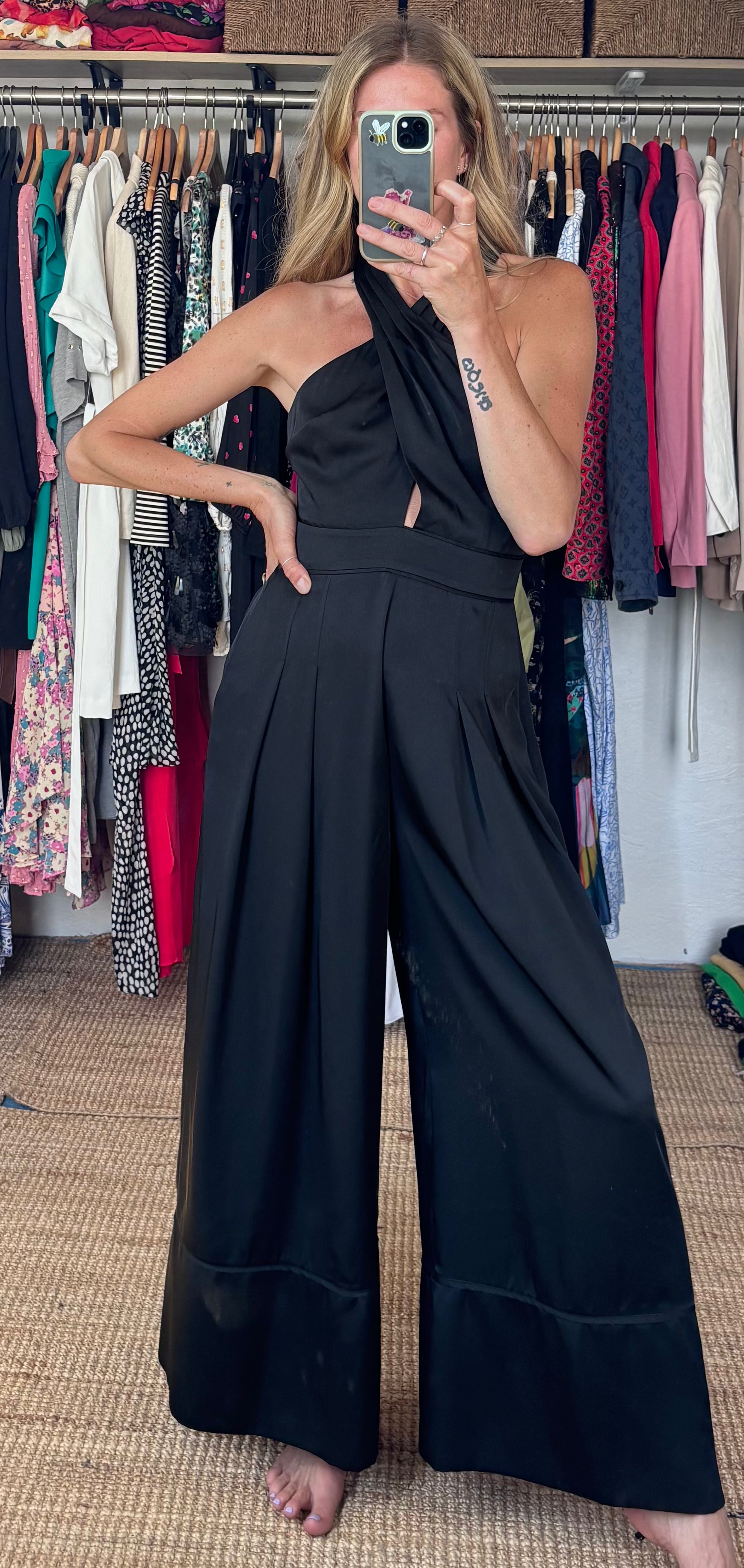 French Connection Harlow Halter Satin Cross Neck Wide Leg Palazzo Jumpsuit