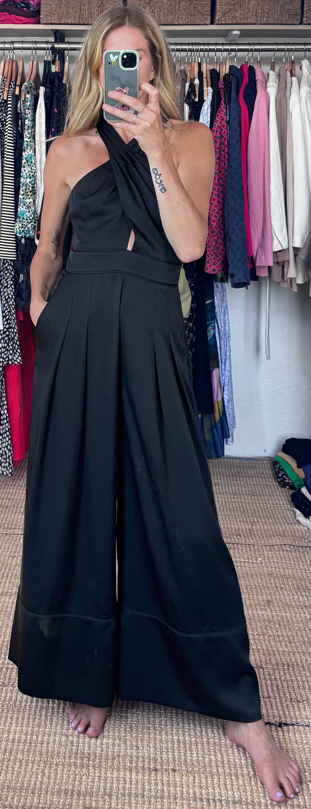 French Connection Harlow Halter Satin Cross Neck Wide Leg Palazzo Jumpsuit