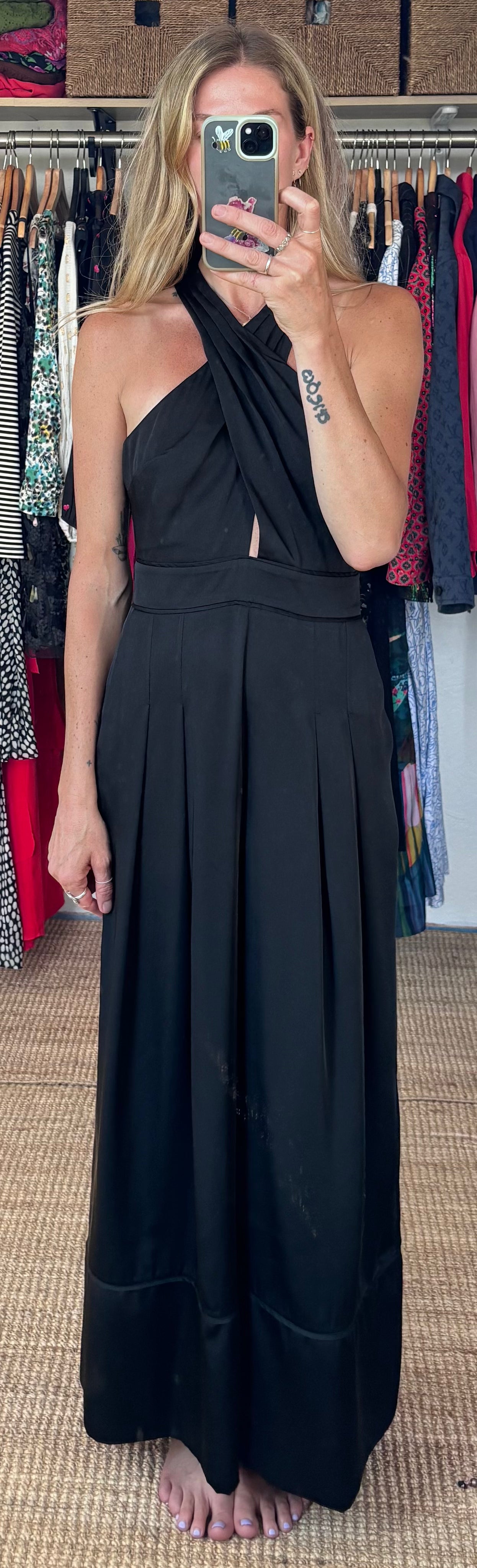 French Connection Harlow Halter Satin Cross Neck Wide Leg Palazzo Jumpsuit