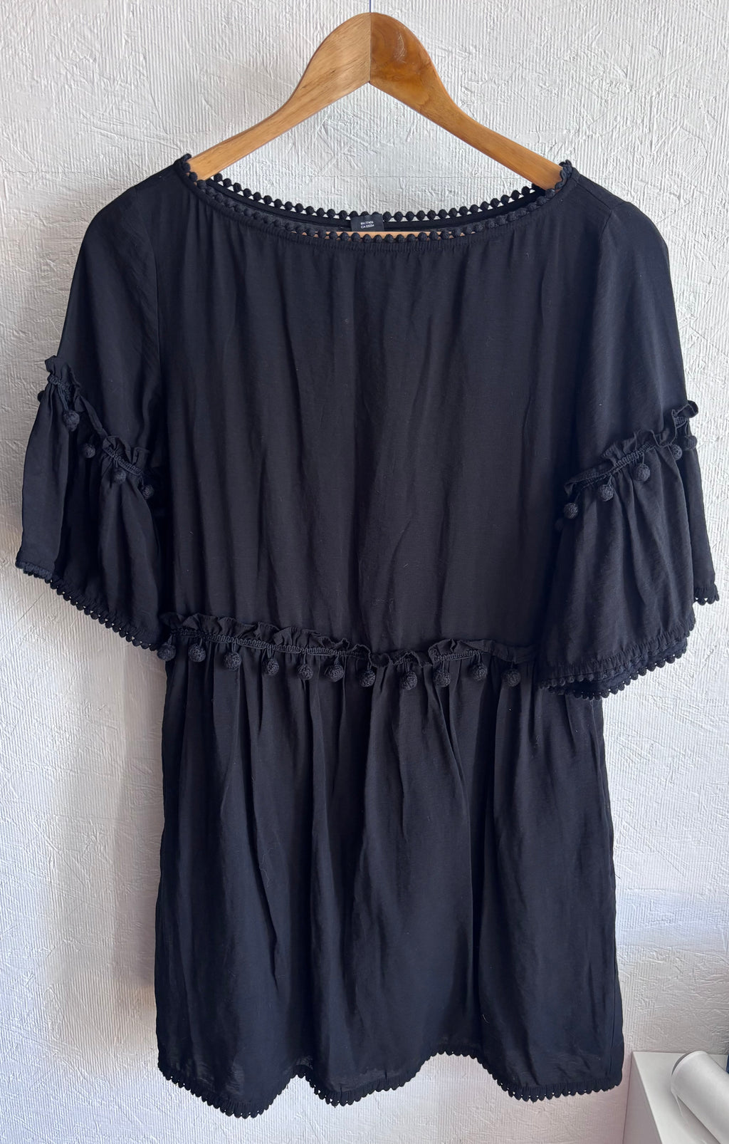 Club Monaco Linen Blend Black Pom Pom Trim Mini Boho Dress with Pockets