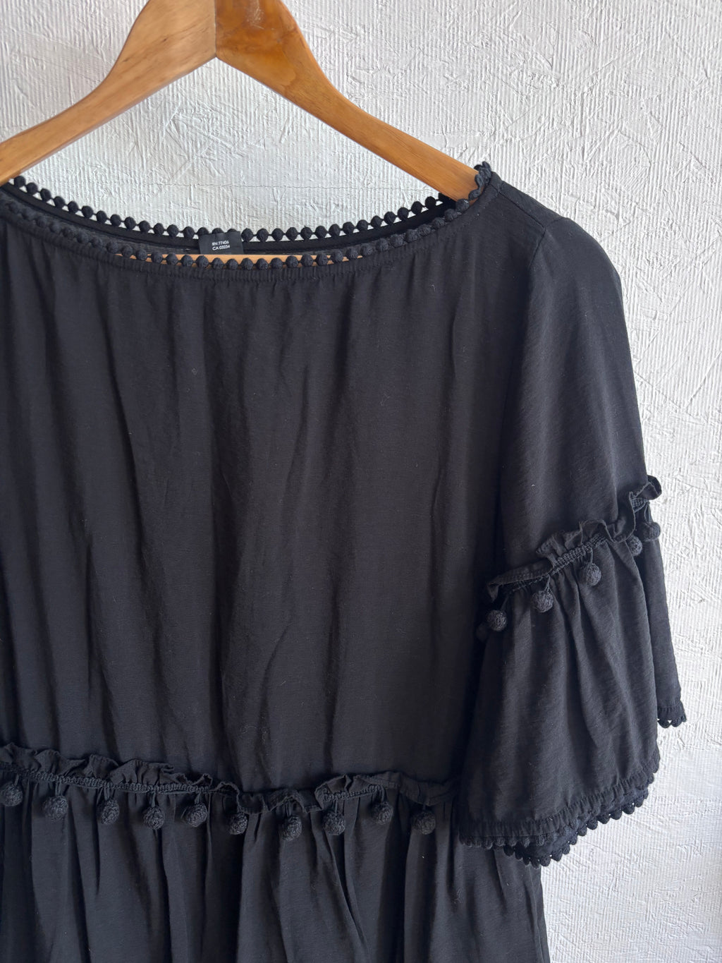 Club Monaco Linen Blend Black Pom Pom Trim Mini Boho Dress with Pockets
