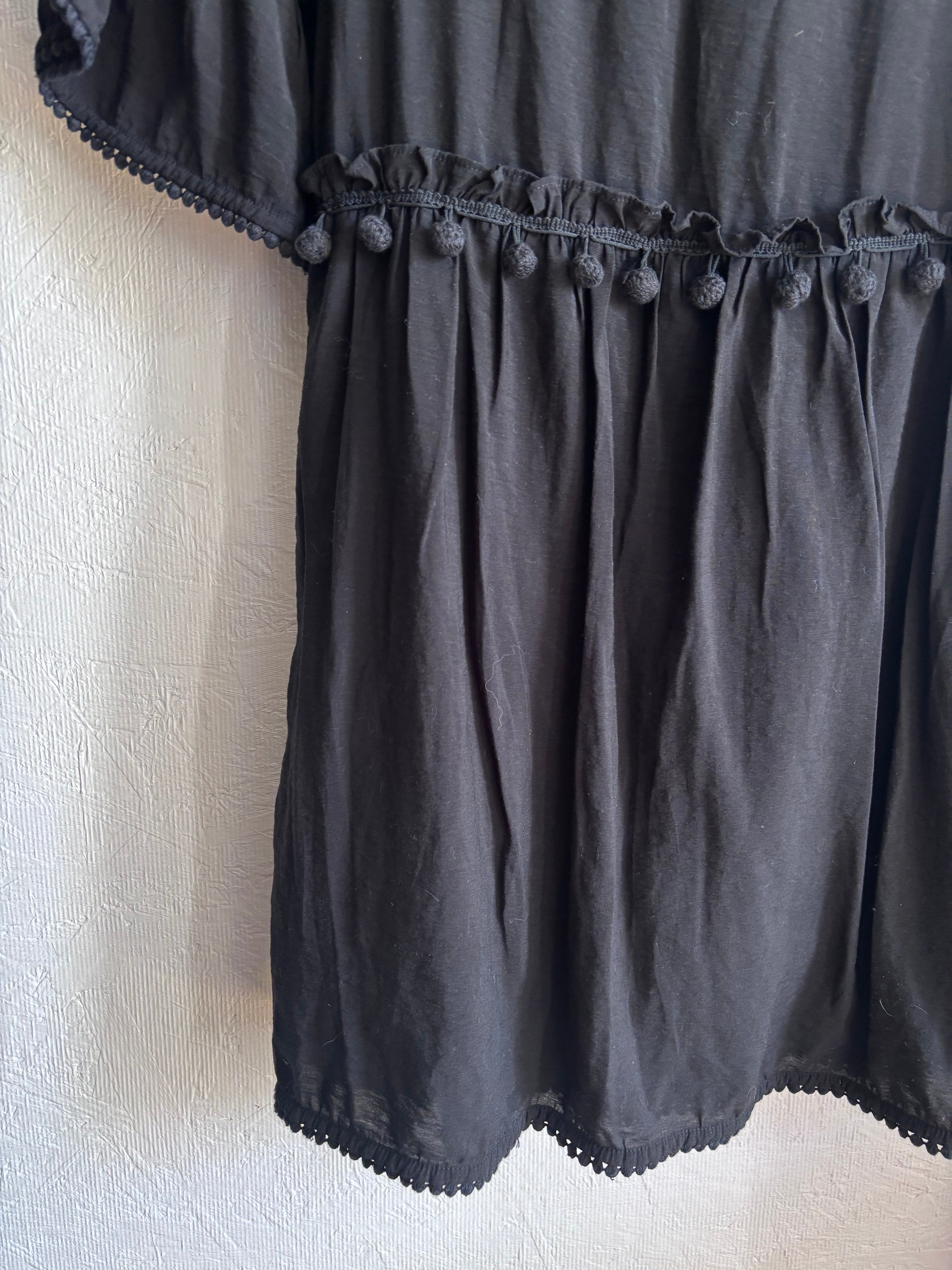 Club Monaco Linen Blend Black Pom Pom Trim Mini Boho Dress with Pockets