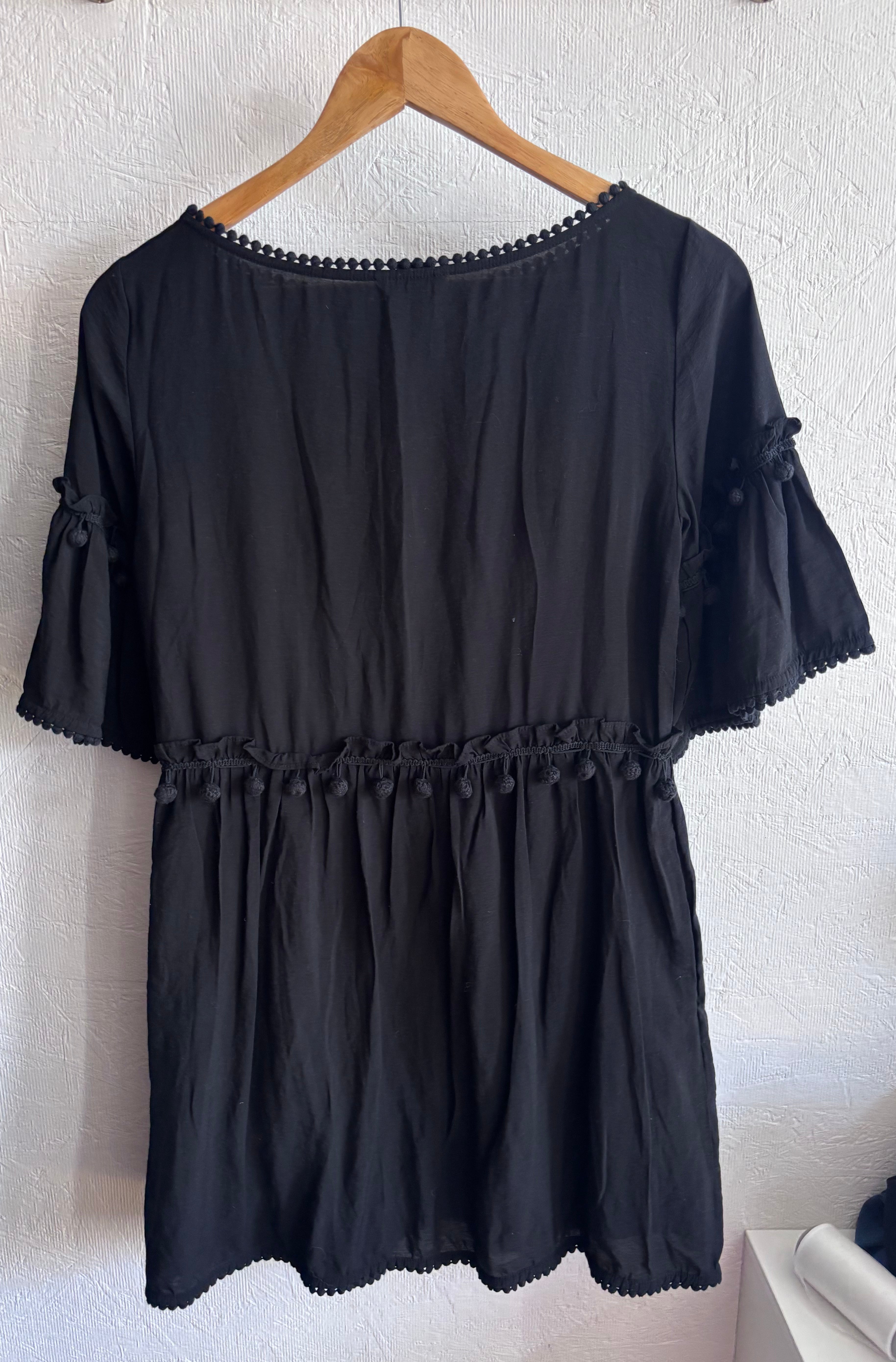 Club Monaco Linen Blend Black Pom Pom Trim Mini Boho Dress with Pockets