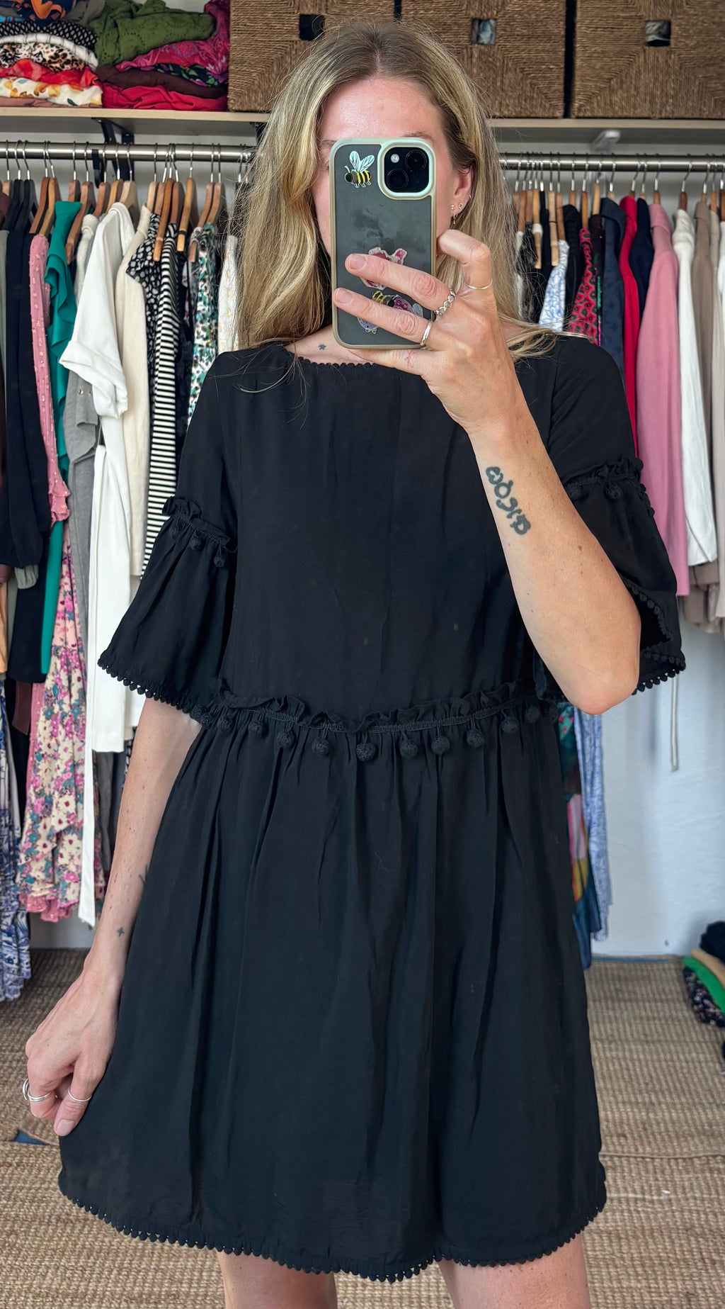 Club Monaco Linen Blend Black Pom Pom Trim Mini Boho Dress with Pockets