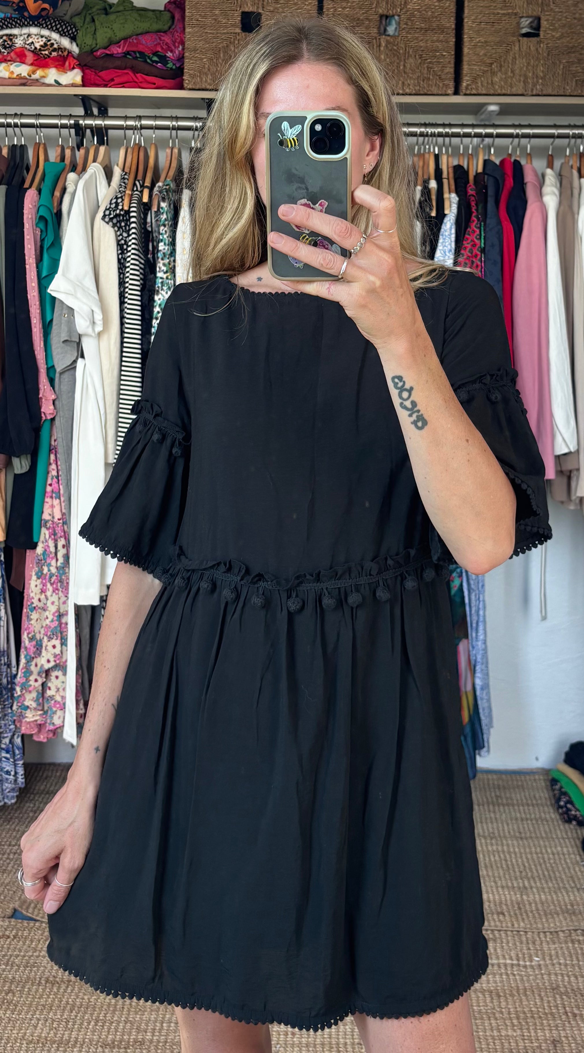 Club Monaco Linen Blend Black Pom Pom Trim Mini Boho Dress with Pockets