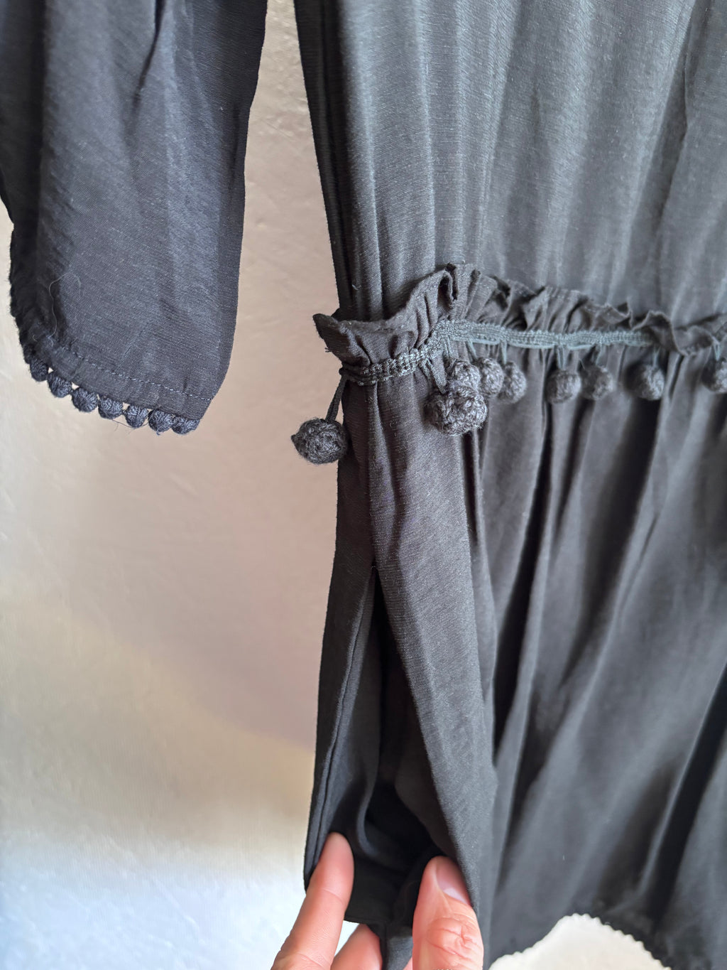 Club Monaco Linen Blend Black Pom Pom Trim Mini Boho Dress with Pockets