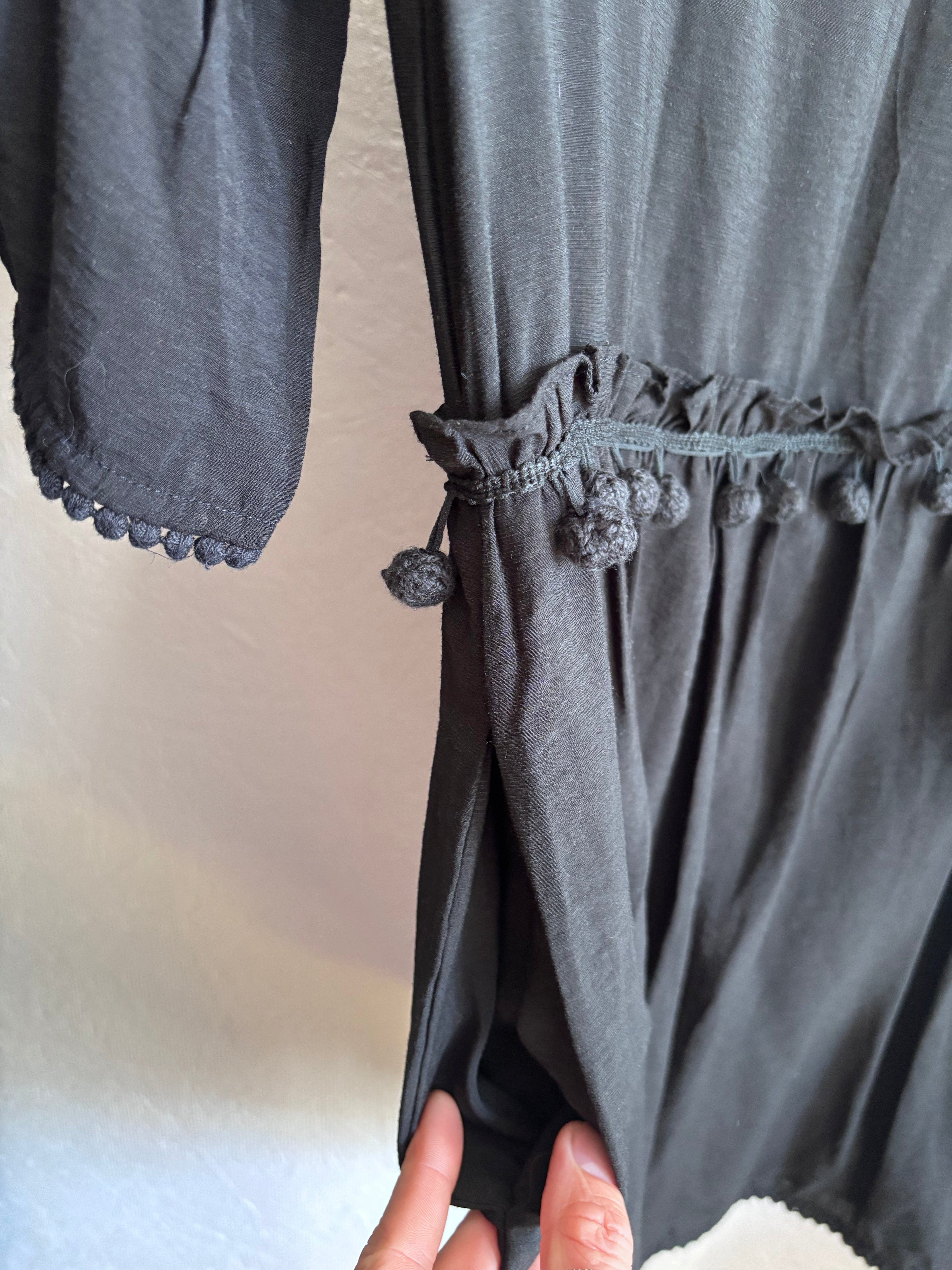 Club Monaco Linen Blend Black Pom Pom Trim Mini Boho Dress with Pockets