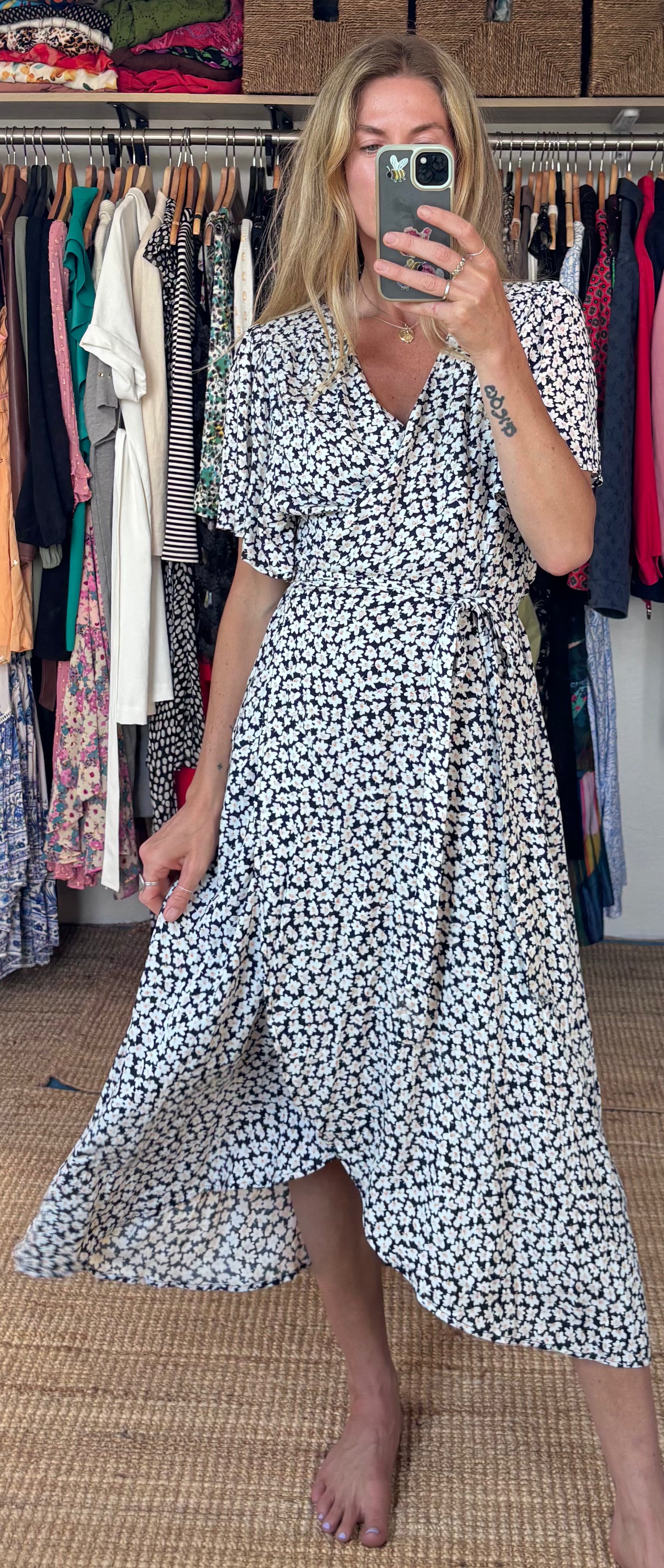 FRNCH Navy Blue Boho Cottagecore White Daisy Floral Print Maxi Wrap Dress