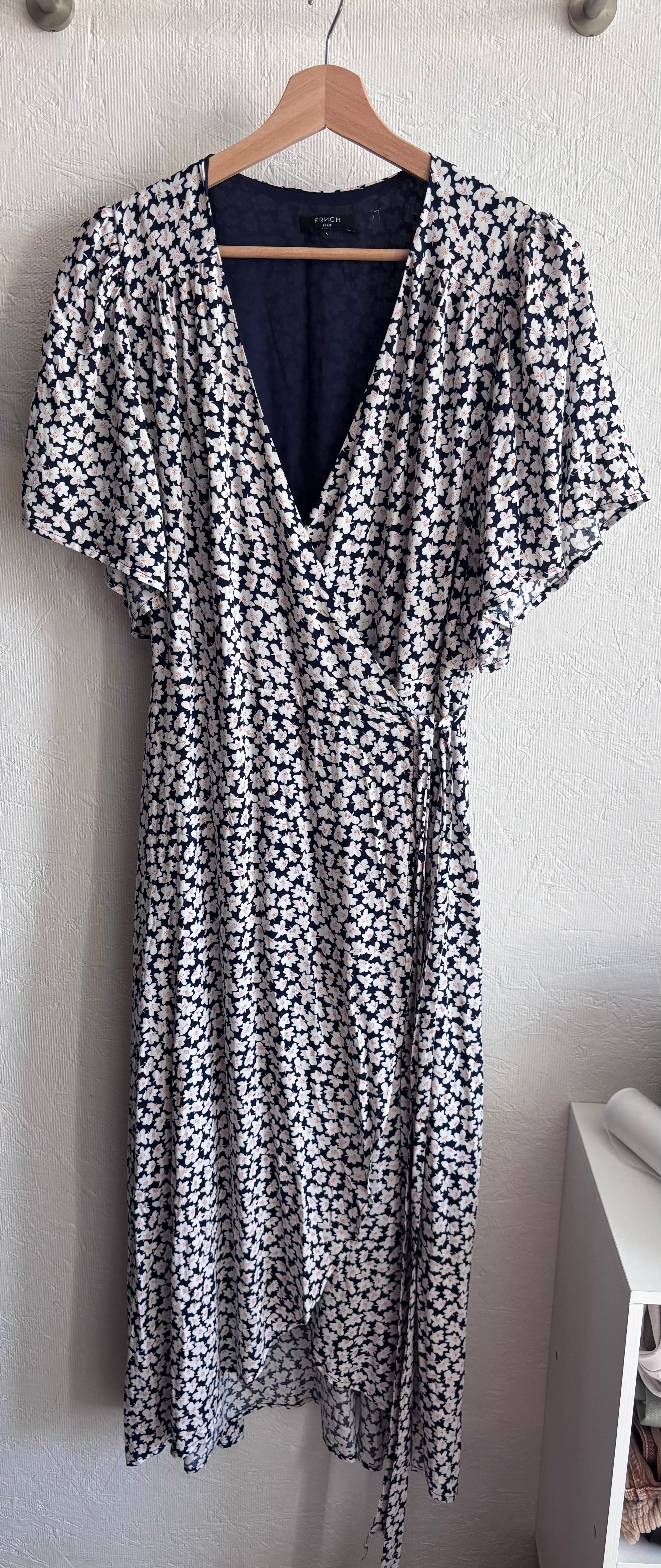 FRNCH Navy Blue Boho Cottagecore White Daisy Floral Print Maxi Wrap Dress